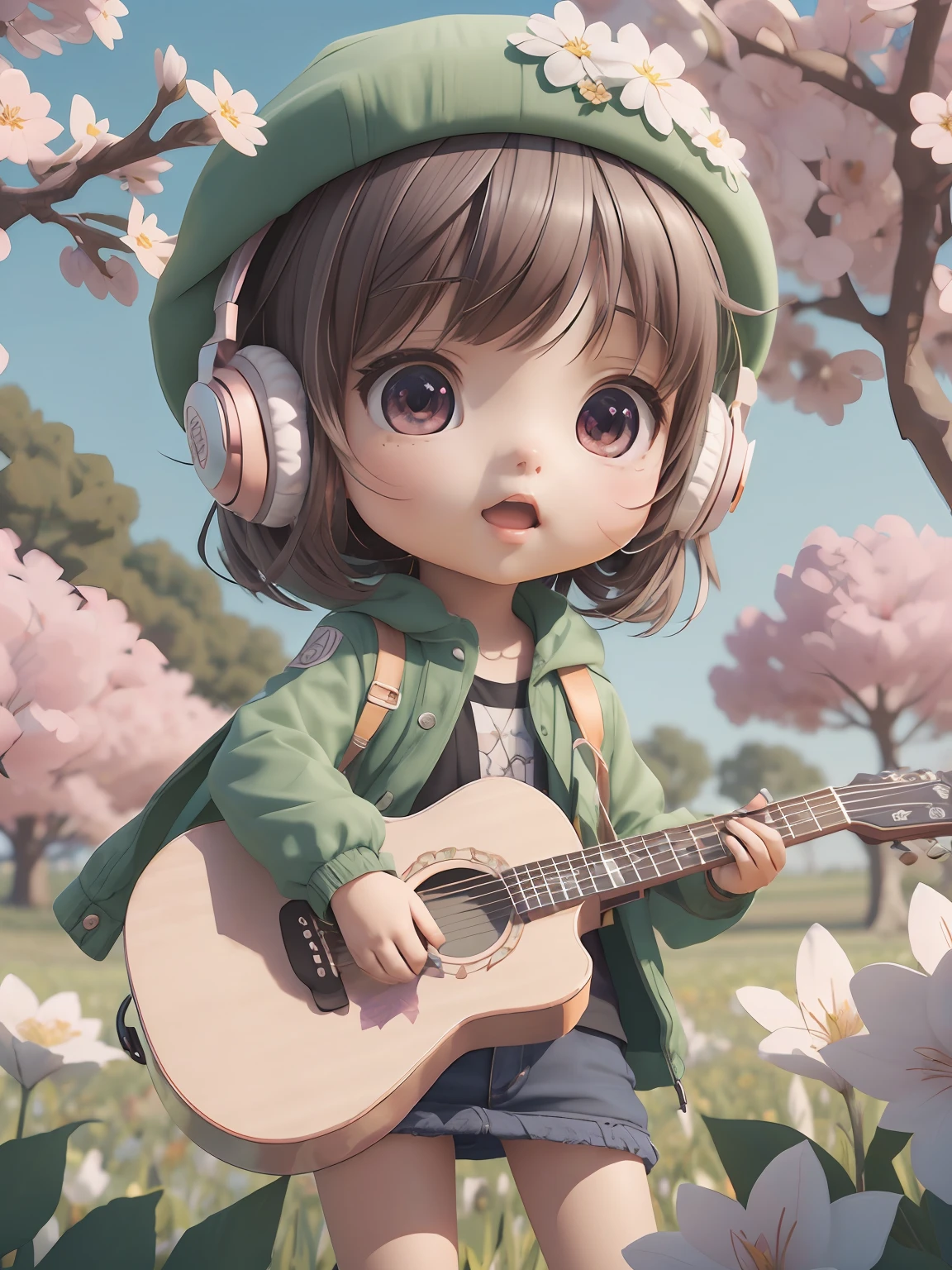 anime girl with guitar and headphones in field of flowers, Cute 3D anime girl rendering, cute 3 d render, kawaii realistic portrait, anime styled 3d, stylized anime, render of april, cute detailed digital art, guwiz style artwork, realistic anime 3 d style, 3d anime girl, in anime style. 8K