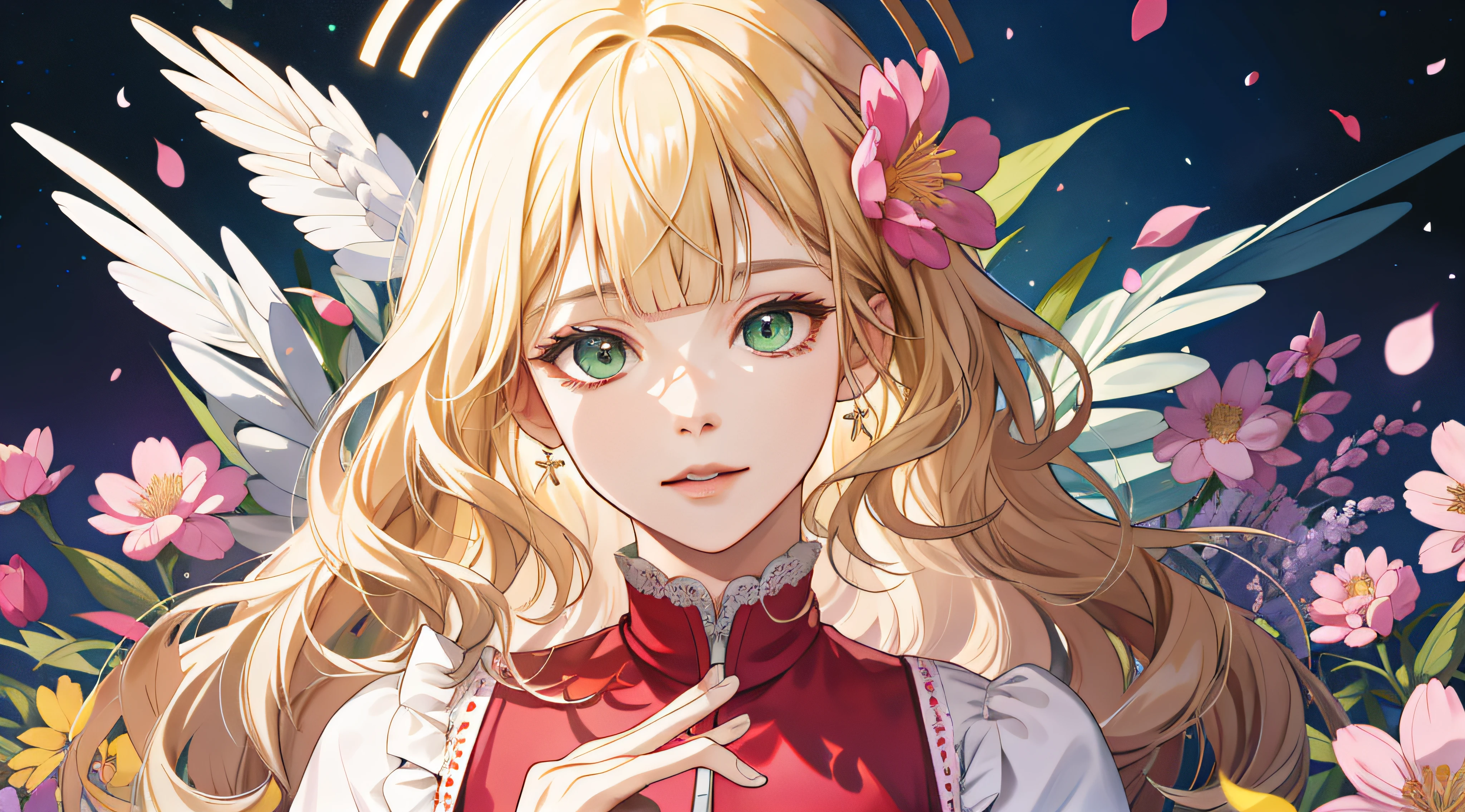 (absurdres, highres, ultra detailed), 1girl, mature female, wavy blonde hair, long hair, blunt bangs, green eyes, pink dress, finely detailed eyes and detailed face, extremely detailed CG unity 8k wallpaper, intricate details, BREAK , kaleidoscopic imagery, symmetrical patterns, vibrant colors, geometric shapes, mesmerizing designs, optical illusions, dynamic composition BREAK , pantomime art, expressive body language, silent storytelling, evocative gestures, visual narratives, theatrical performances BREAK , blooming flowers, colorful petals, fragrant scents, nature's bounty, vibrant gardens, peaceful scenery