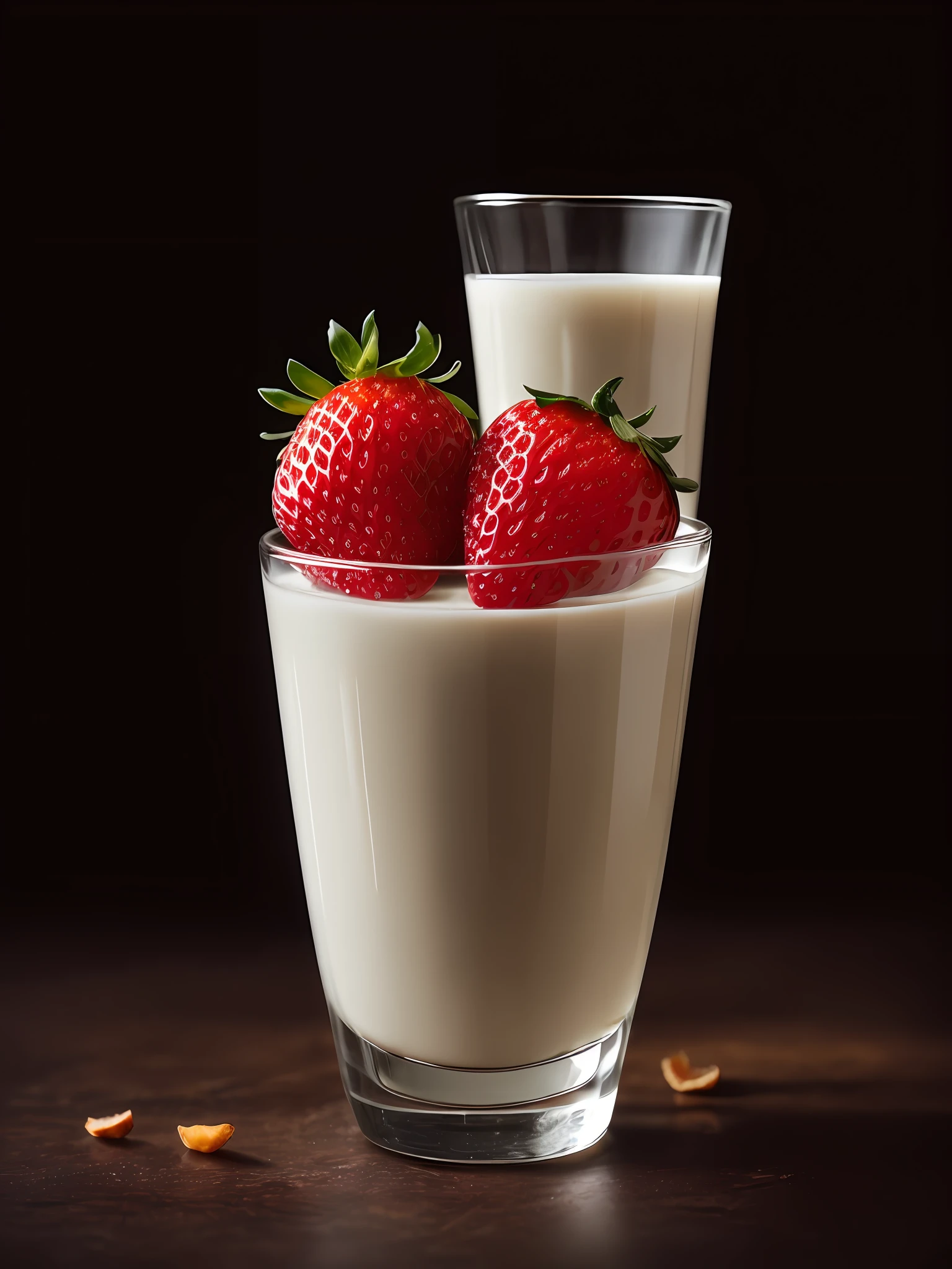 product photography of a 10 small strawberries fall into a glass of milk, intricate, epic, highly detailed, vibrant, food photography, epic render, octane, accent lights, (backlit:1.3), (cinematic:1.3), intricate details, (ArtStation:1.3)