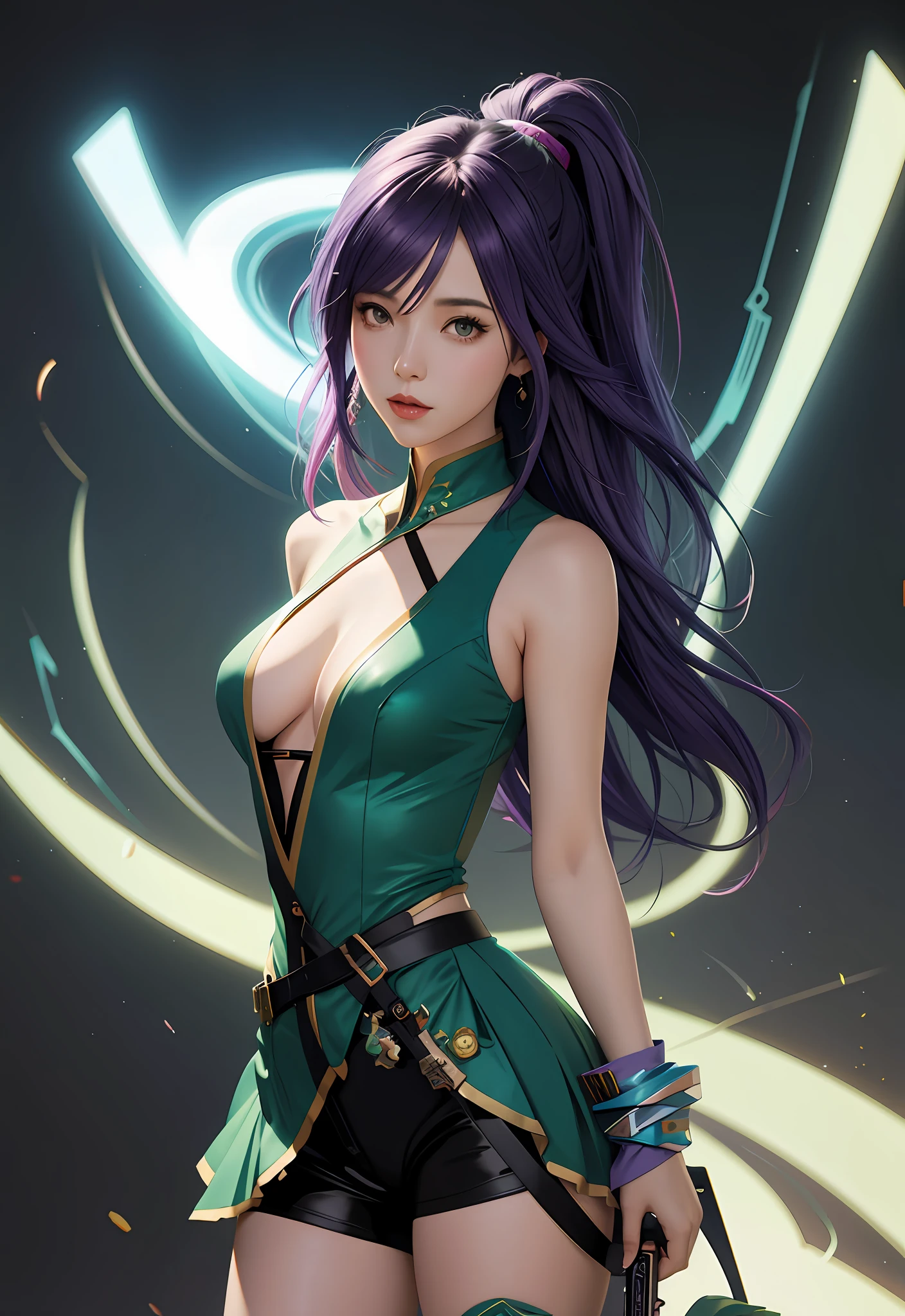 anime girl with purple hair and a green dress holding a electric guitar  , artgerm and atey ghailan, anime fantasy illustration, inspired by Ross Tran, in the art style of mohrbacher, digital fantasy illustration, artgerm julie bell beeple, ross tran 8 k, anime fantasy artwork, artgerm and lois van baarle, full art illustration