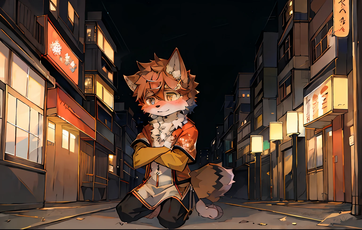 shaggy,furred,bodyfur,城市,the street,独奏,short- sleeved,horizon,AOEU,AOEU,High-quality fan art,style of anime,Eyes are confused,Hypnosis,Kneel,Flushed face,Libido boy,obey