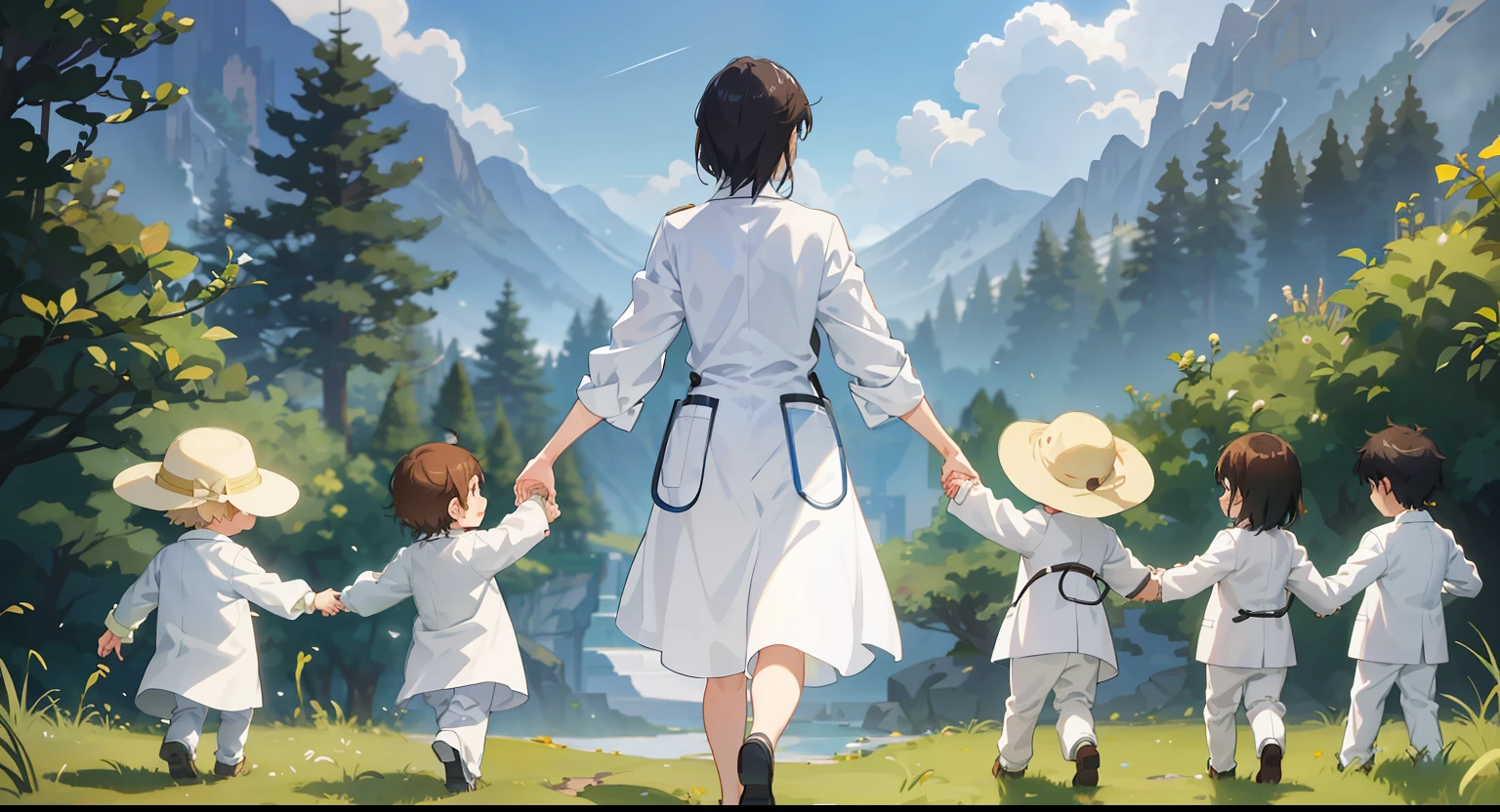 A female doctor in the field holds the hands of a group of children in white doctors' suits,Hand in hand with each other, makoto shinkai art style, Makoto Shinkai. a digital rendering, Guweiz e Makoto Shinkai, Smooth anime CG art, anime beautiful peace scene, made with anime painter studio