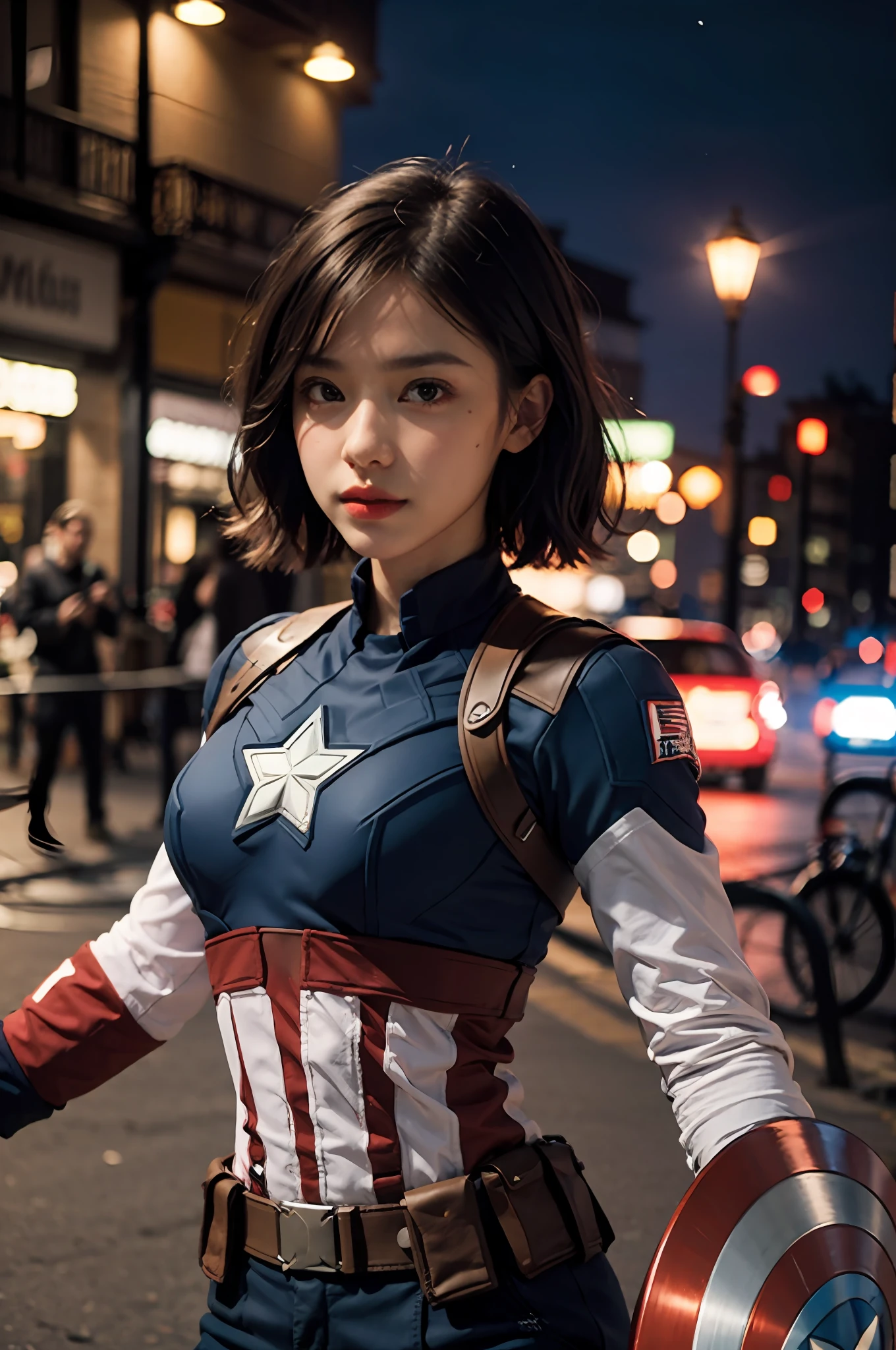 1girl, captain America, captain America girl, short hair, outdoor, night, dynamic pose,