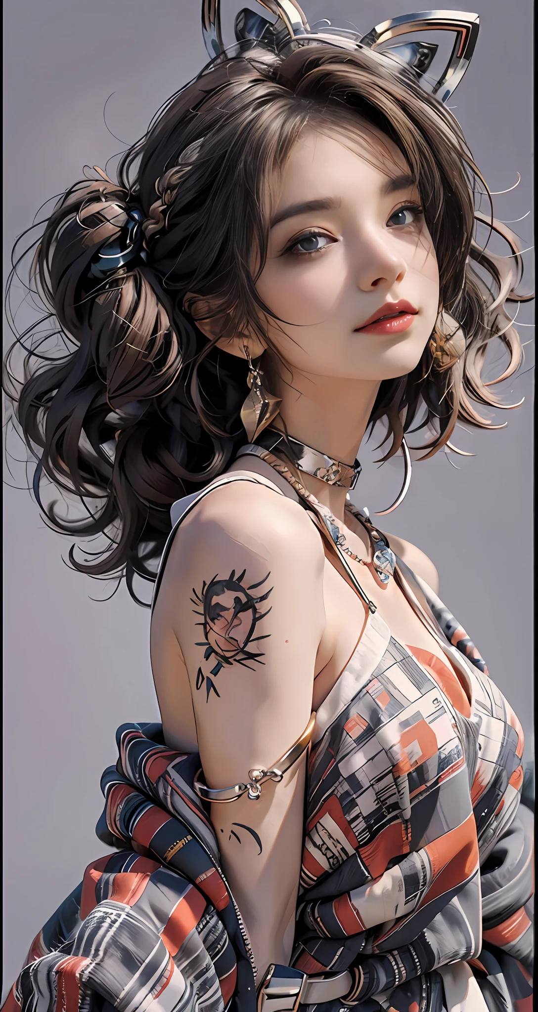 Kizi,  耳Nipple Ring，choker necklace，simple backgound，A sexy pose，Trend illustration，fully body photo，Realistic comics，Master masterpieces，HighestQuali，Super meticulous，