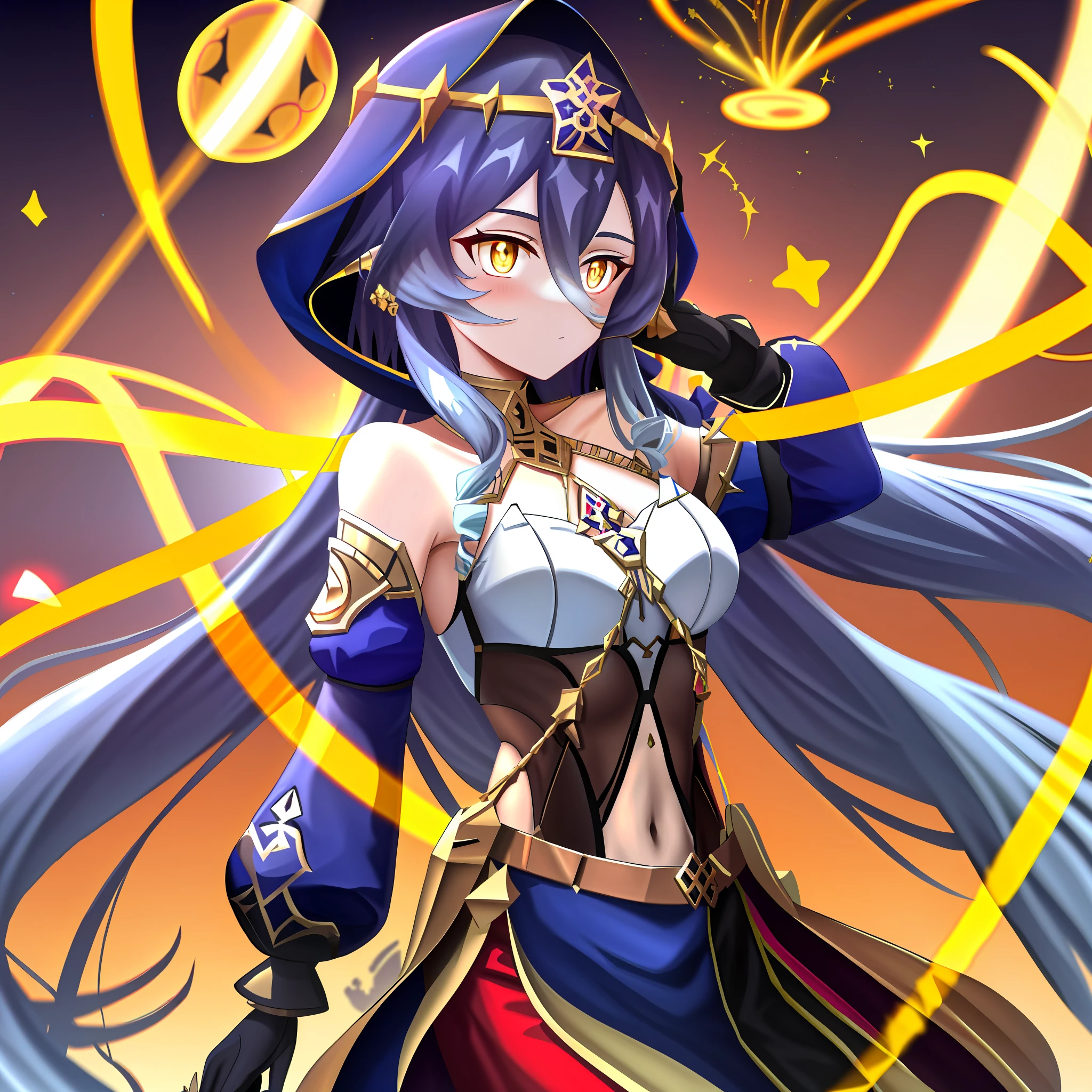 Kizi, Best quality at best, tmasterpiece, Come and pull\(Genshin Impact\), yellow eyes, glowing light eyes, (extremelydetailed8Kwallpaper),Western beauty,(Red clothes:1.4),There are red spots on the forehead,Pale skin,Blushlush,largeeyes,full bodyesbian,upper legs,Open navel,Gold-tone waist chain,golden ornaments,Flying ribbons,Particle,The background is the ancient city of Loulan, Ancient city walls,A desert,Dance, dunhuang_dress, dunhuang_Style,