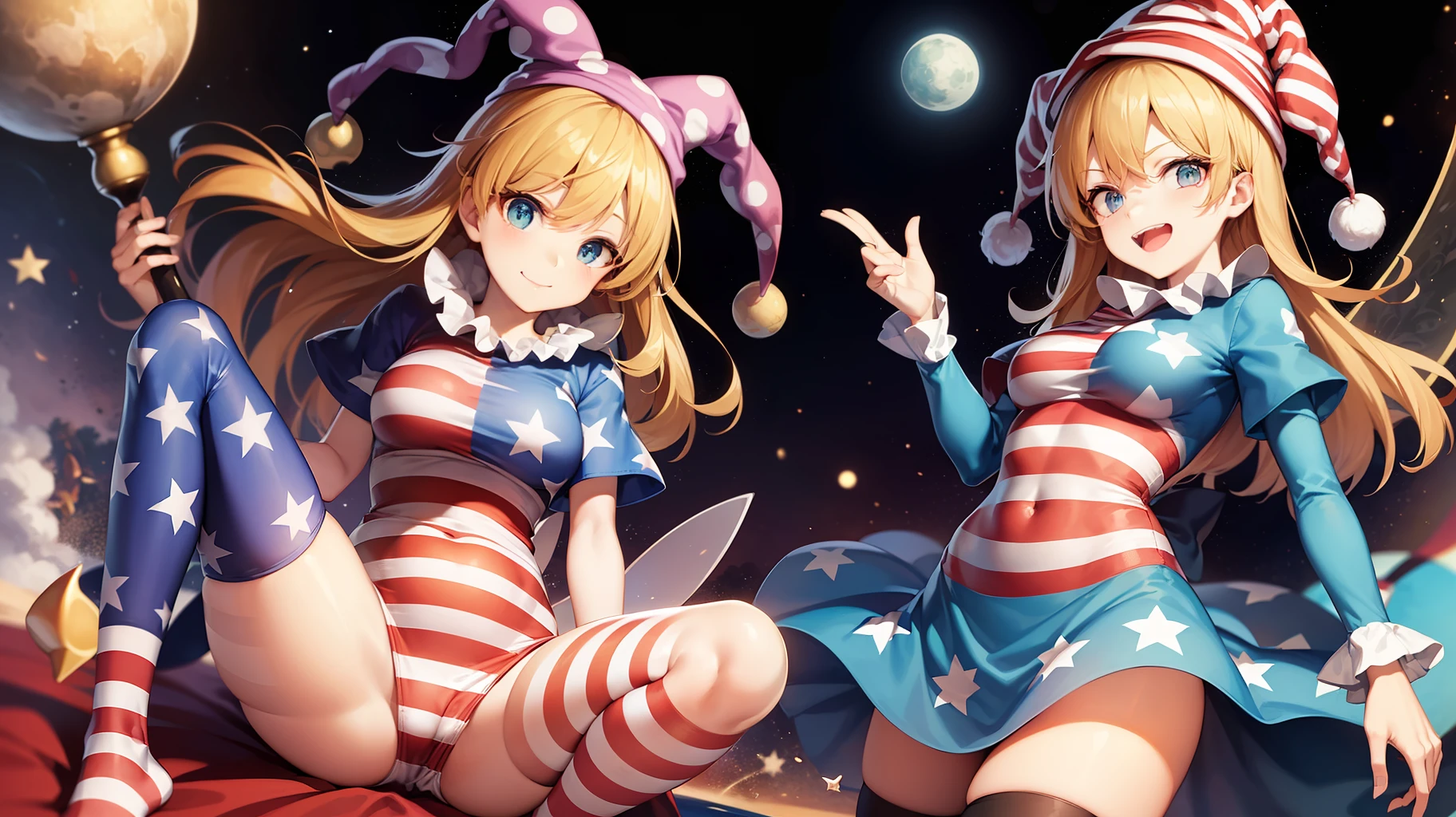 touhou project,Clownpiece,Flag of the United States dress,Flag of the United States socks,universe,Three moons in the back,fairy wings