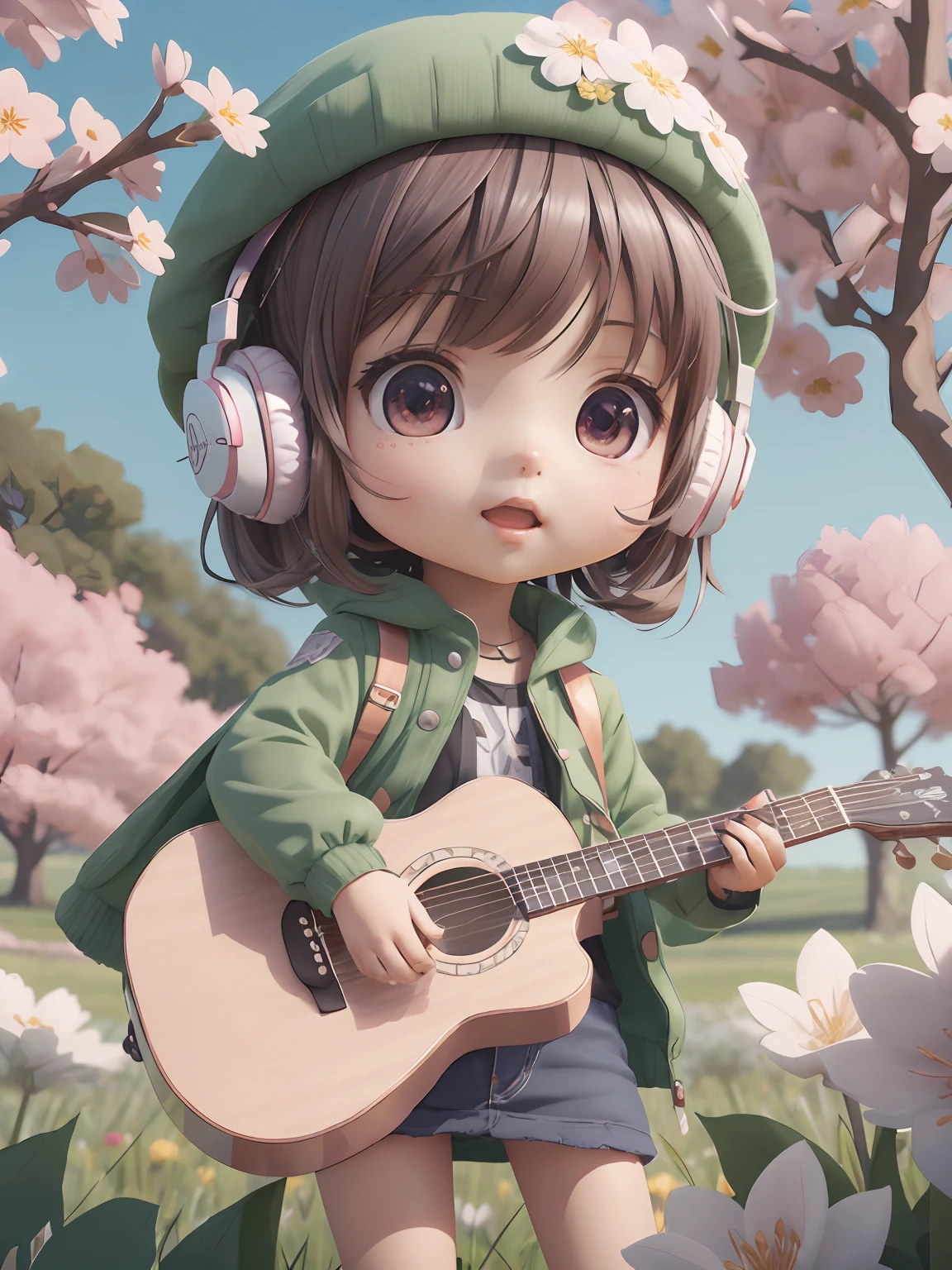 anime girl with guitar and headphones in field of flowers, Cute 3D anime girl rendering, cute 3 d render, kawaii realistic portrait, anime styled 3d, stylized anime, render of april, cute detailed digital art, guwiz style artwork, realistic anime 3 d style, 3d anime girl, in anime style. 8K