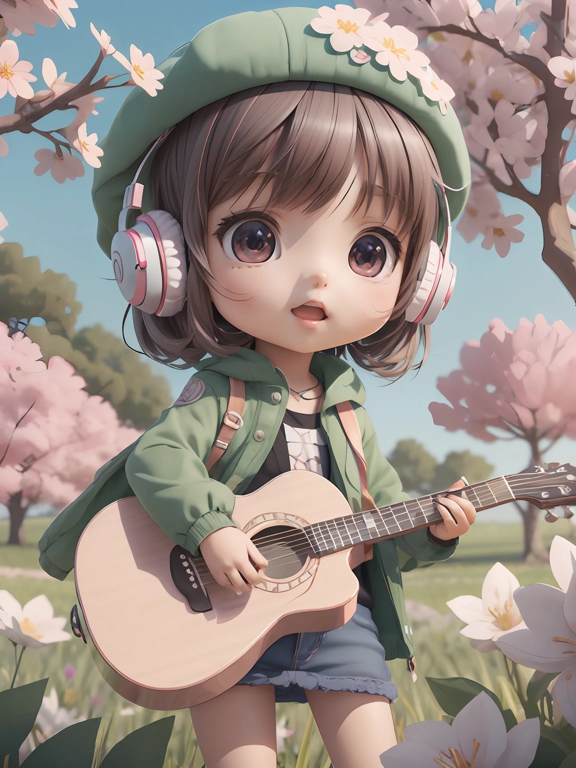 anime girl with guitar and headphones in field of flowers, Cute 3D anime girl rendering, cute 3 d render, kawaii realistic portrait, anime styled 3d, stylized anime, render of april, cute detailed digital art, guwiz style artwork, realistic anime 3 d style, 3d anime girl, in anime style. 8K