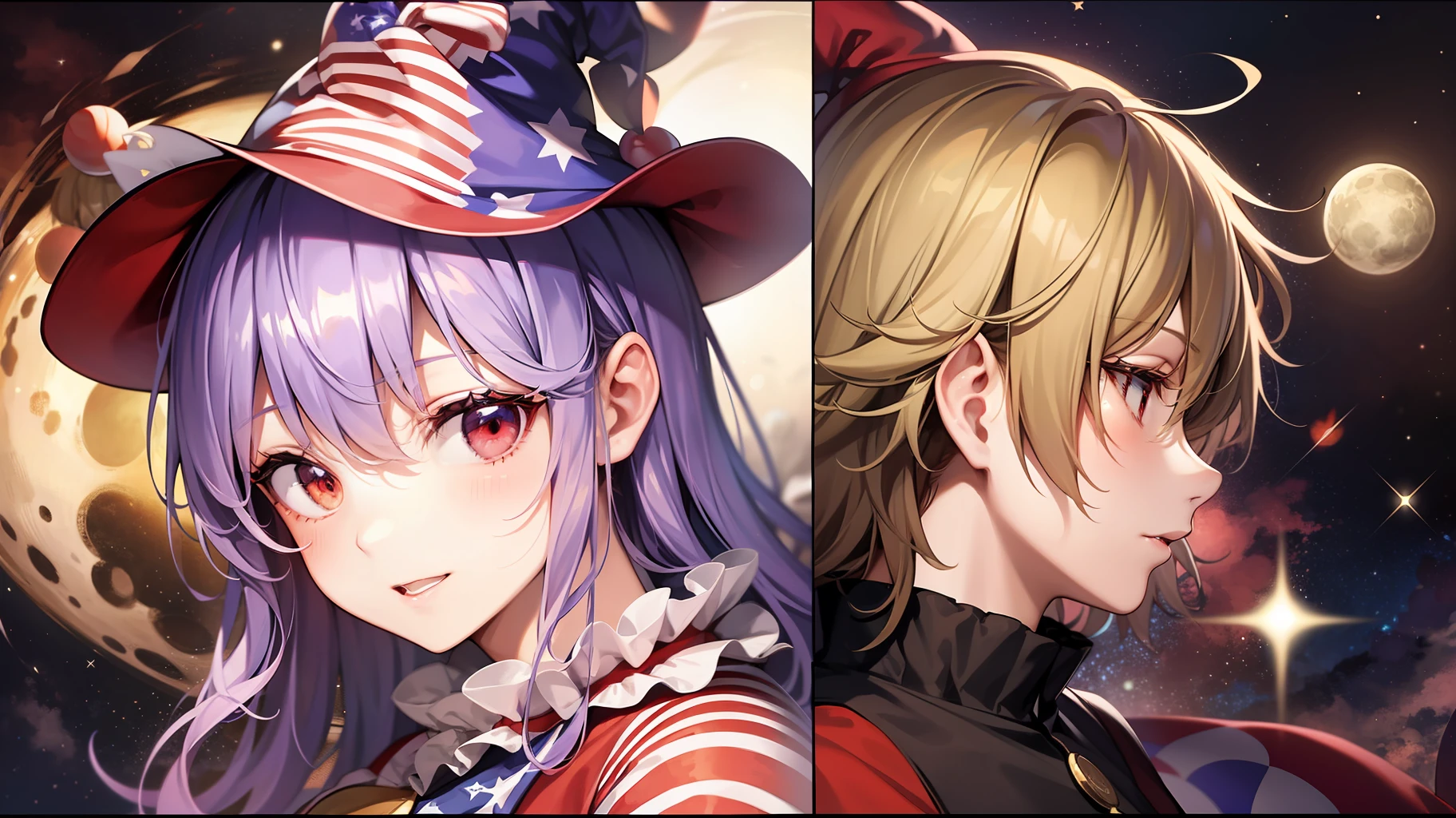 touhou project,Clownpiece,Flag of the United States dress,Flag of the United States socks,universe,Three moons in the back,fairy wings