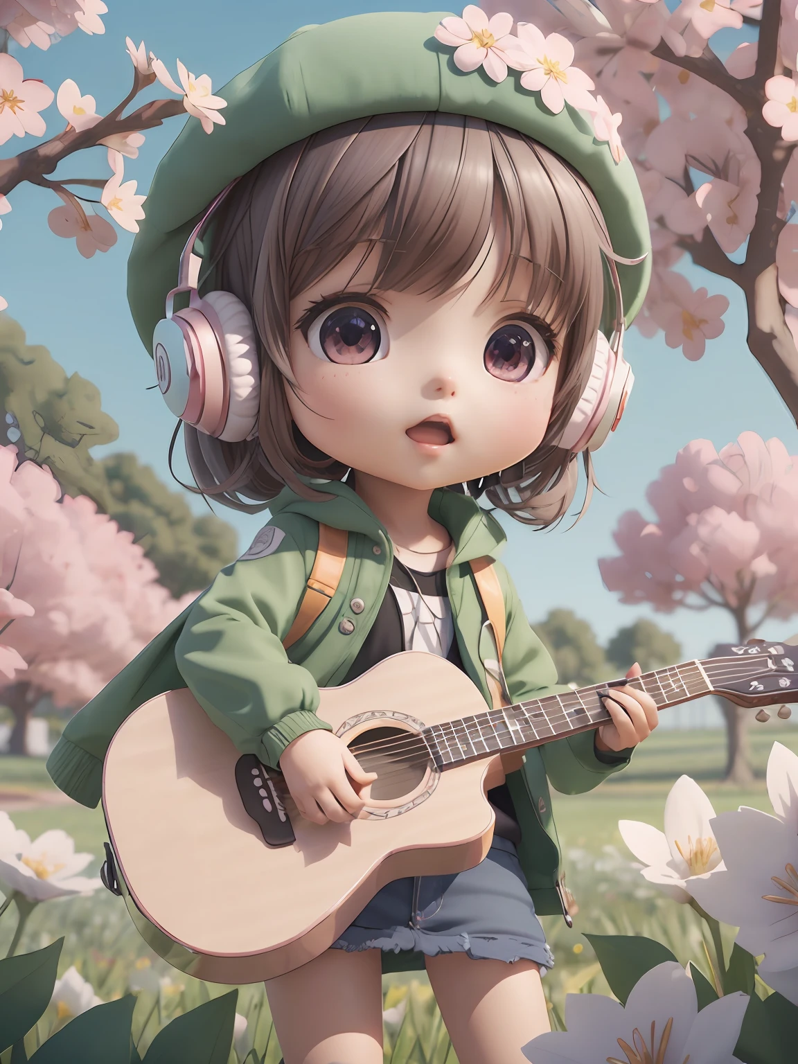 anime girl with  guitar and headphones in  field of flowers, Cute 3D anime girl rendering, cute 3 d render, kawaii realistic portrait, anime styled 3d, stylized anime, render of april, cute detailed digital art, guwiz style artwork, realistic anime 3 d style, 3d anime girl, in anime style. 8K