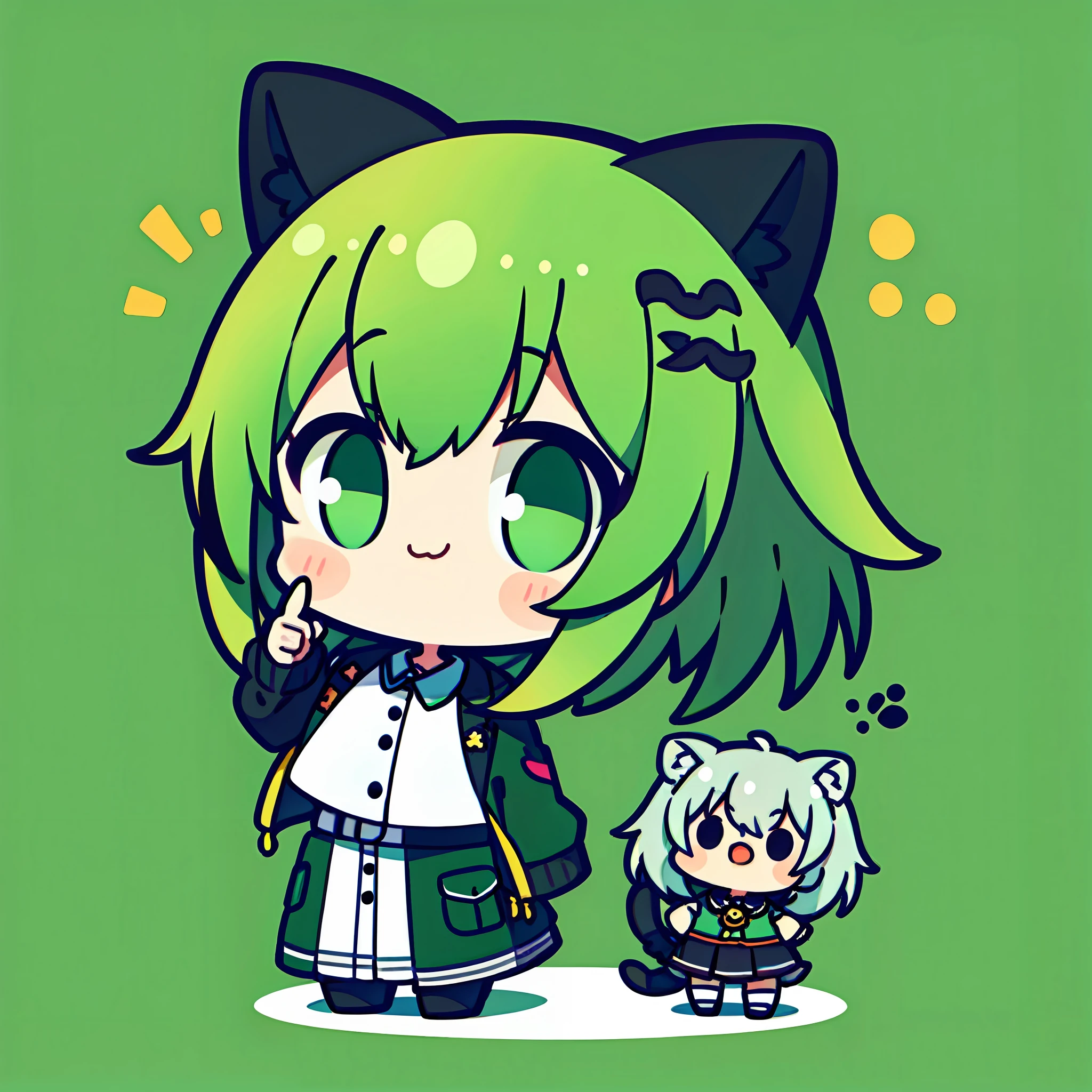 masterpiece, top-quality, Pointing finger、1girl in、LINE stamp、Jade-colored jacket、cartoon bone、 Black cat ears,Chibi:1,Chibikyara, Green Hair Anime Girl, cowboy shot, Colorless plain background