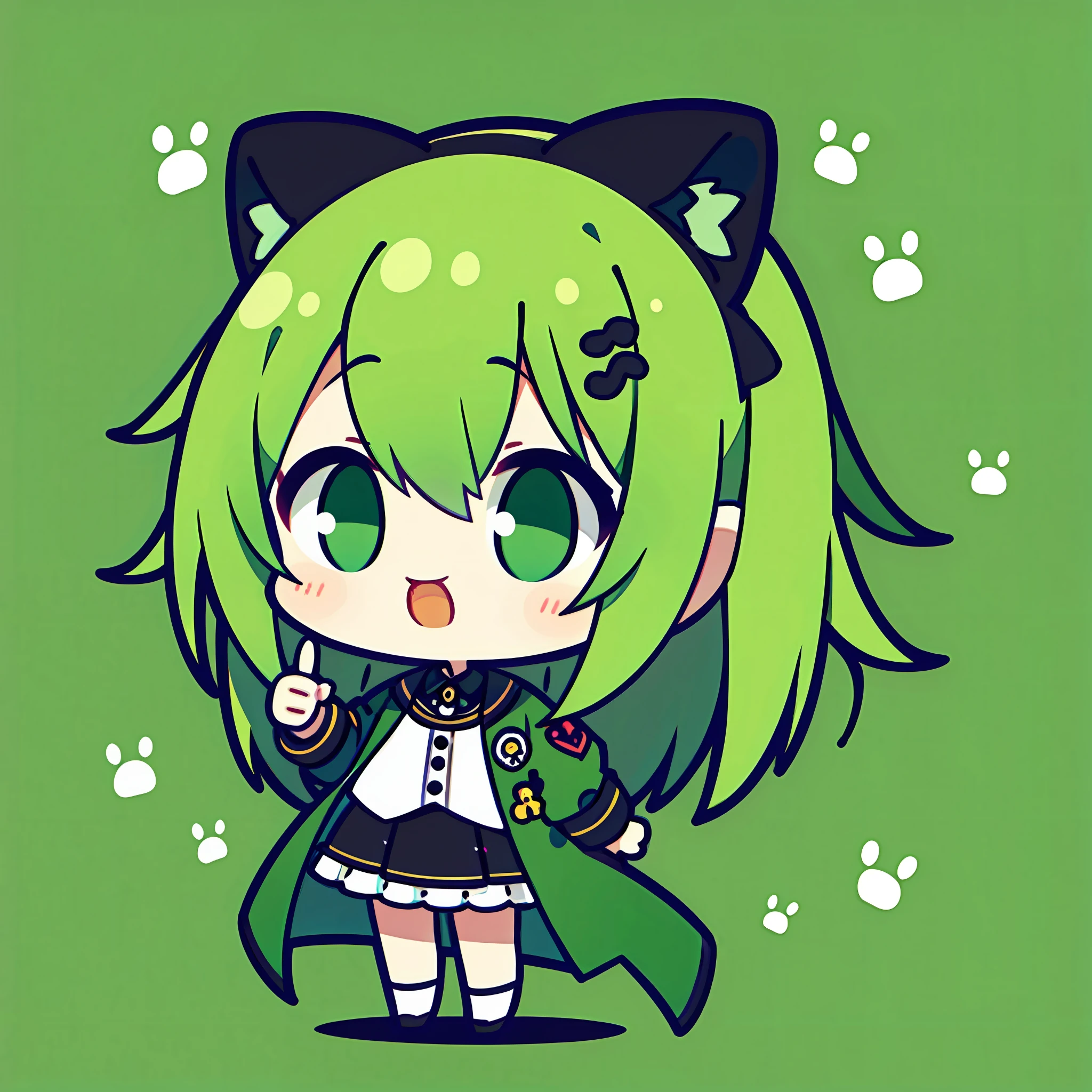 ​masterpiece, top-quality,   Pointing finger、1girl in、LINE stamp、Jade-colored jacket、cartoon bone、 Black cat ears,Chibi:1,Chibikyara, Green Hair Anime Girl, cowboy  shot, Colorless plain background