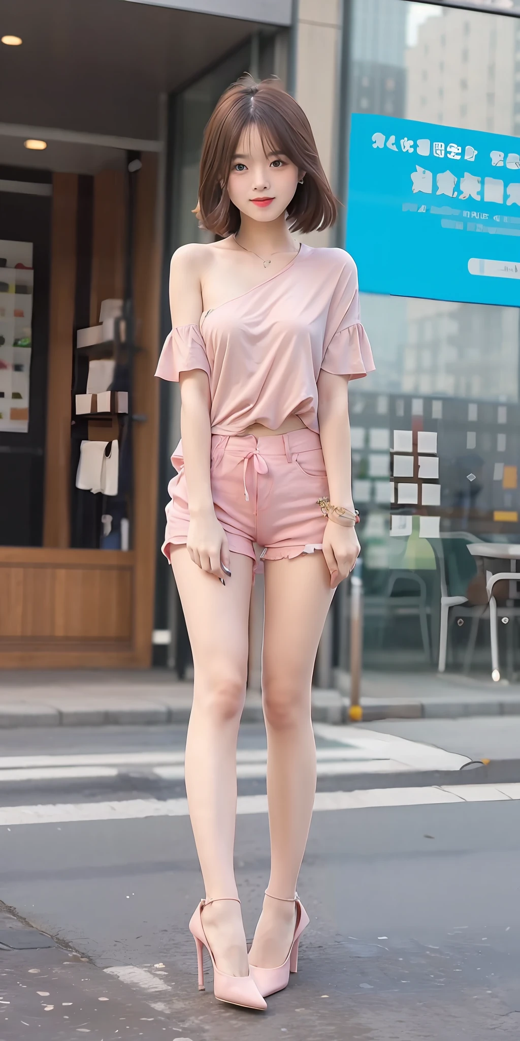mix4, 20d, Solo, hair, Shirt, Dress, high_heels,full_Body, Look_で_viewer, (8K, RAW Photos, top-quality, masterpiece:1.2), (reallistic, Photorealsitic:1.37), Professional Writing, photon maping, Radio City,physically-based renderingt、Girly outfits、shortpants、Shoulder out、pumps、masturbation、shoediagonalsideways