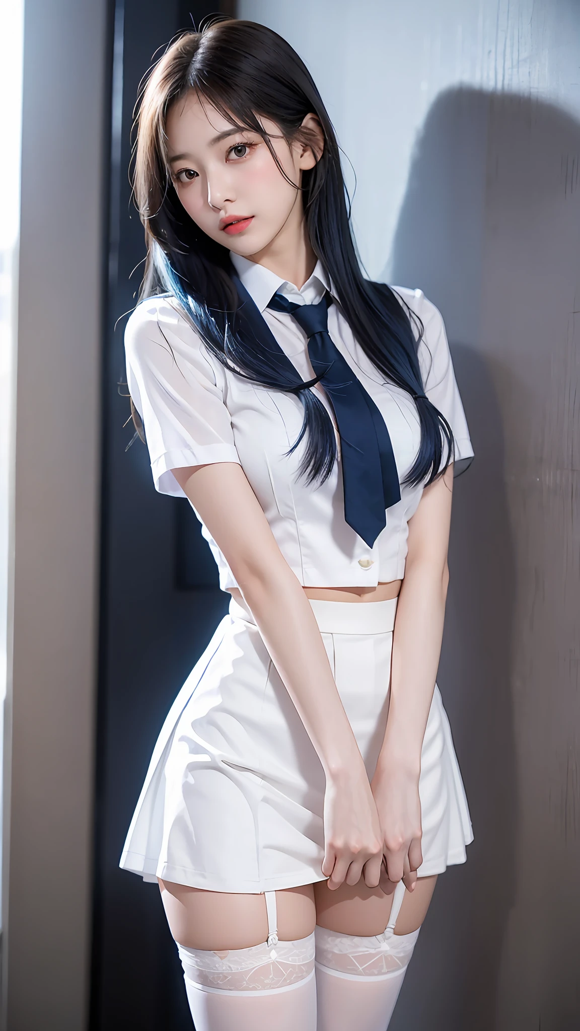 (best qualtiy,4K,tmasterpiece:1.2),Pretty women,1girll,Raised sexy:1.1,dark-blue hair:1.1,Woman in school uniform,Soaked white school uniform,Super detailed face,Detailed lips,A detailed eye,二重まぶた,White miniskirt black stockings,Stand up,full bodyesbian