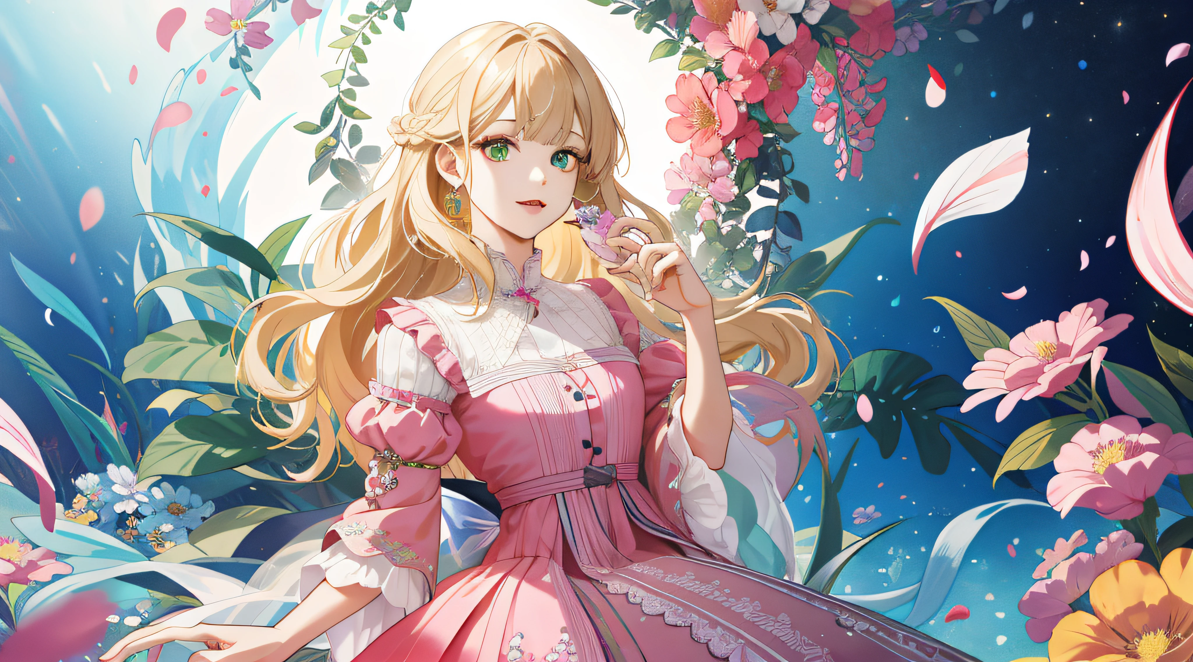 (absurdres, highres, ultra detailed), 1girl, mature female, wavy blonde hair, long hair, blunt bangs, green eyes, pink dress, finely detailed eyes and detailed face, extremely detailed CG unity 8k wallpaper, intricate details, BREAK , kaleidoscopic imagery, symmetrical patterns, vibrant colors, geometric shapes, mesmerizing designs, optical illusions, dynamic composition BREAK , pantomime art, expressive body language, silent storytelling, evocative gestures, visual narratives, theatrical performances BREAK , blooming flowers, colorful petals, fragrant scents, nature's bounty, vibrant gardens, peaceful scenery