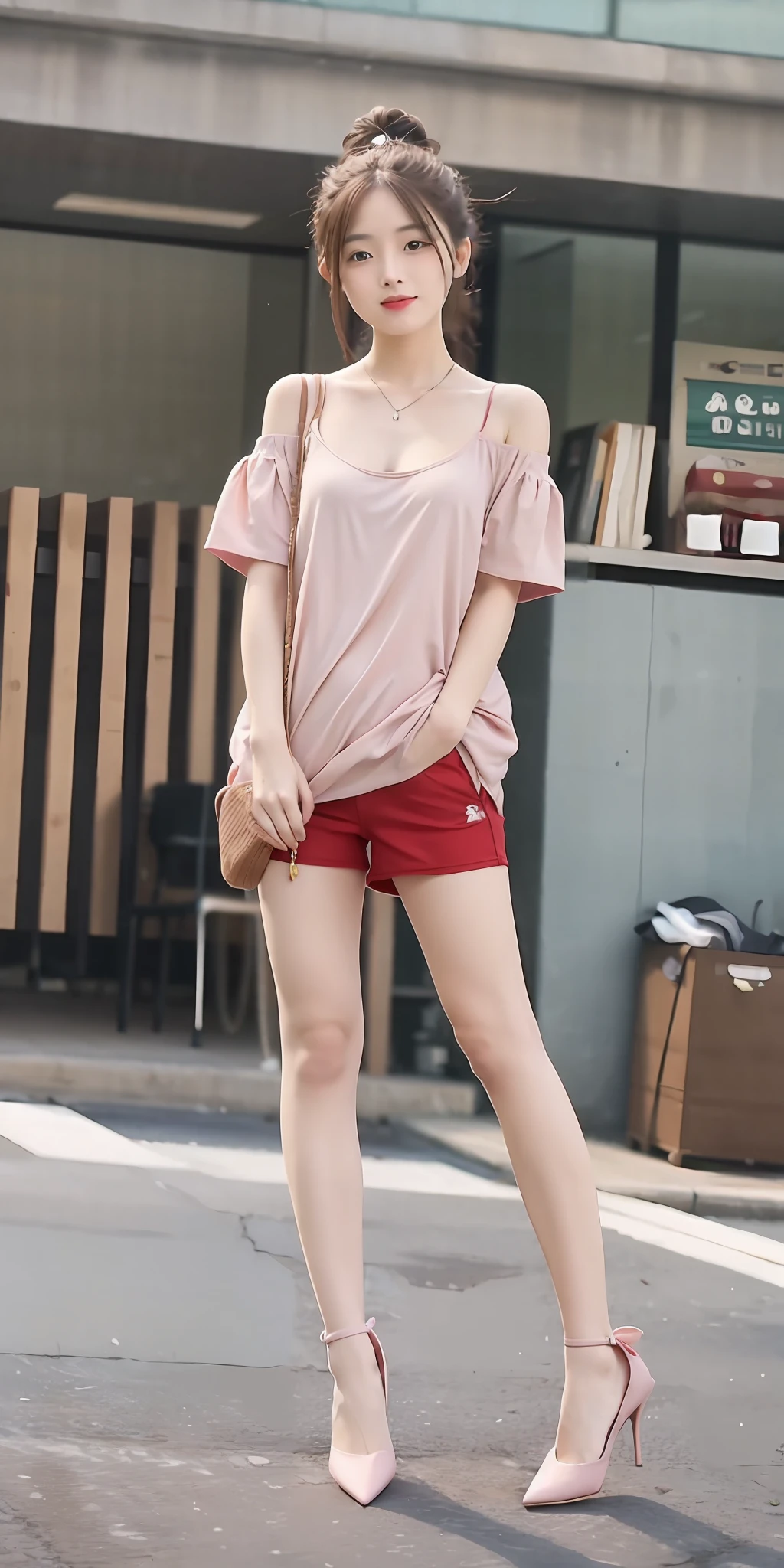 mix4, 20d, Solo, hair, Shirt, Dress, high_heels,full_Body, Look_で_viewer, (8K, RAW Photos, top-quality, ​masterpiece:1.2), (reallistic, Photorealsitic:1.37), Professional Writing, photon maping, Radio City,physically-based renderingt、Girly outfits、shortpants、Shoulder out、pumps、Masturbation