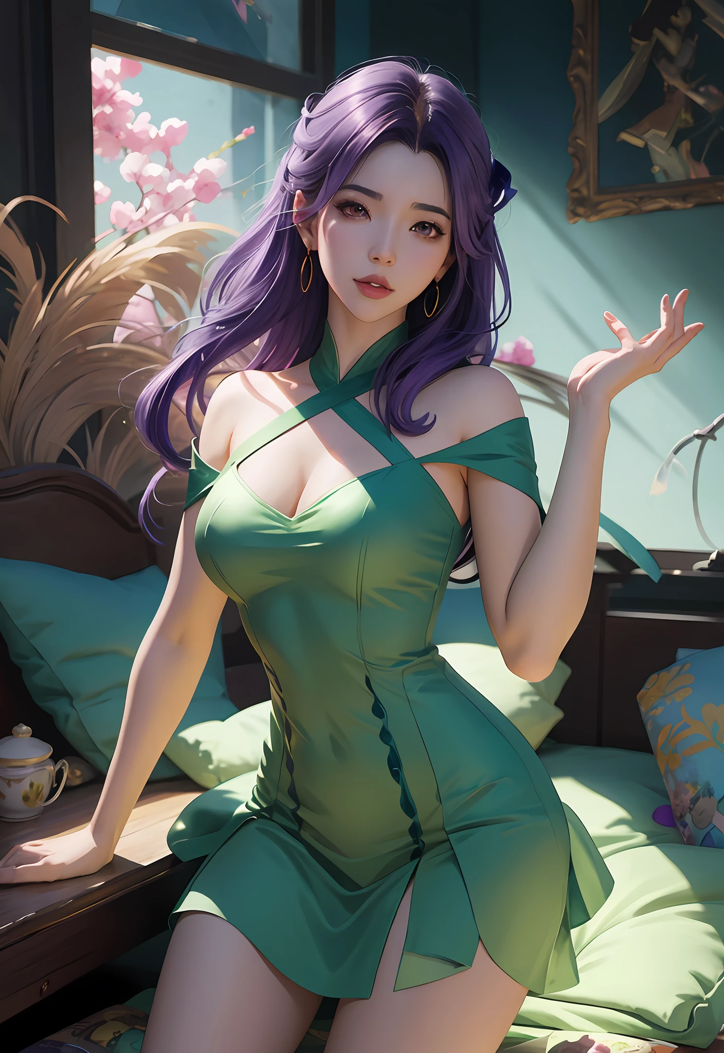 anime girl with purple hair and a green dress holding a pillow , artgerm and atey ghailan, anime fantasy illustration, inspired by Ross Tran, in the art style of mohrbacher, digital fantasy illustration, artgerm julie bell beeple, ross tran 8 k, anime fantasy artwork, artgerm and lois van baarle, full art illustration