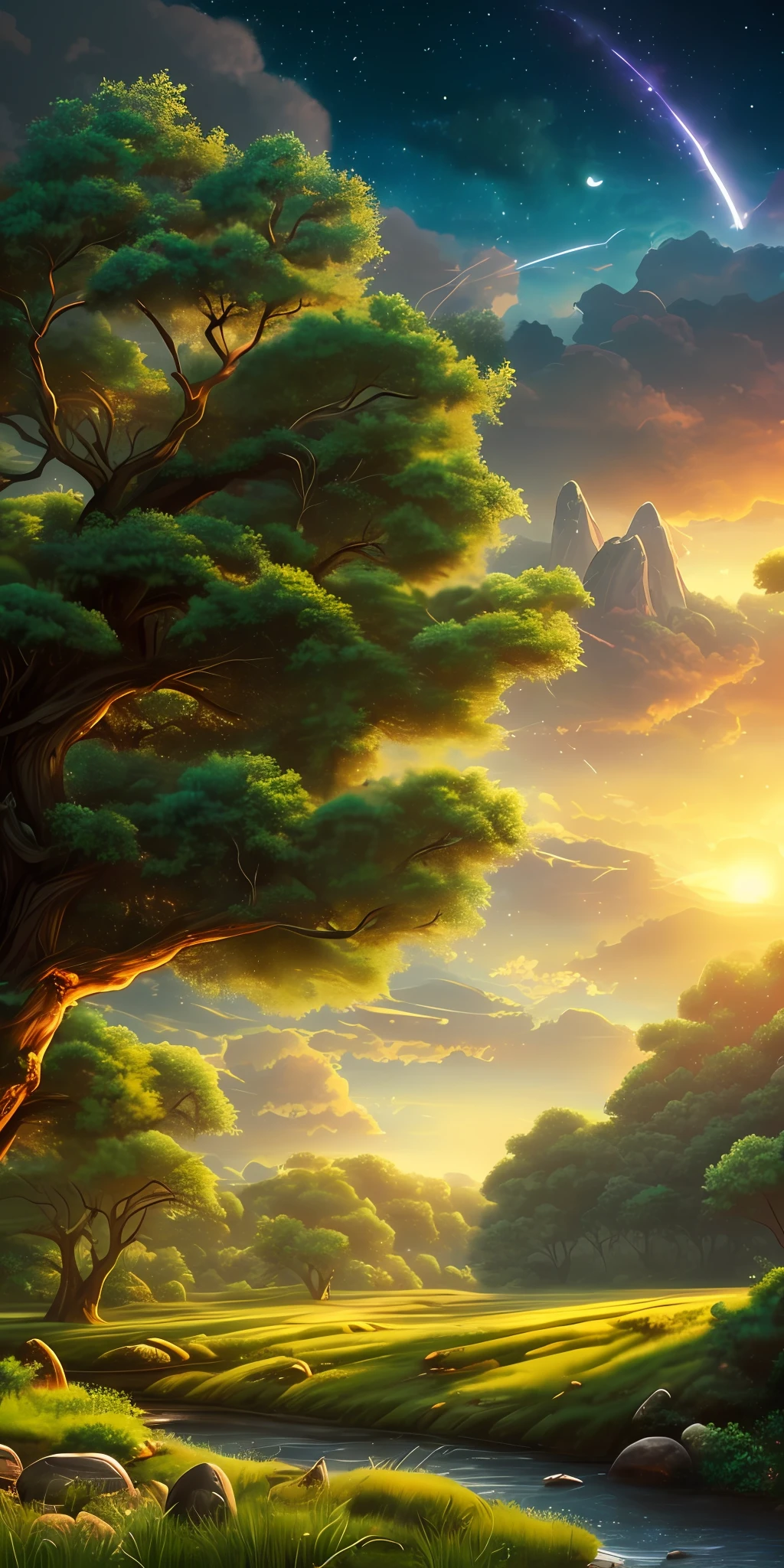 Illustration of a surreal, otherworldly, hyper sky scene including a giant crystal tree full body, highly detailed and magical lighting, intricate forest details, vegetation and surrounding river, solar punk, landscape, giant tree , beautiful green leaves, beautiful lighting and realistic proportions, as if this is a movie background, 8k, highest quality, masterpiece, clouds and stars in the sky. --auto