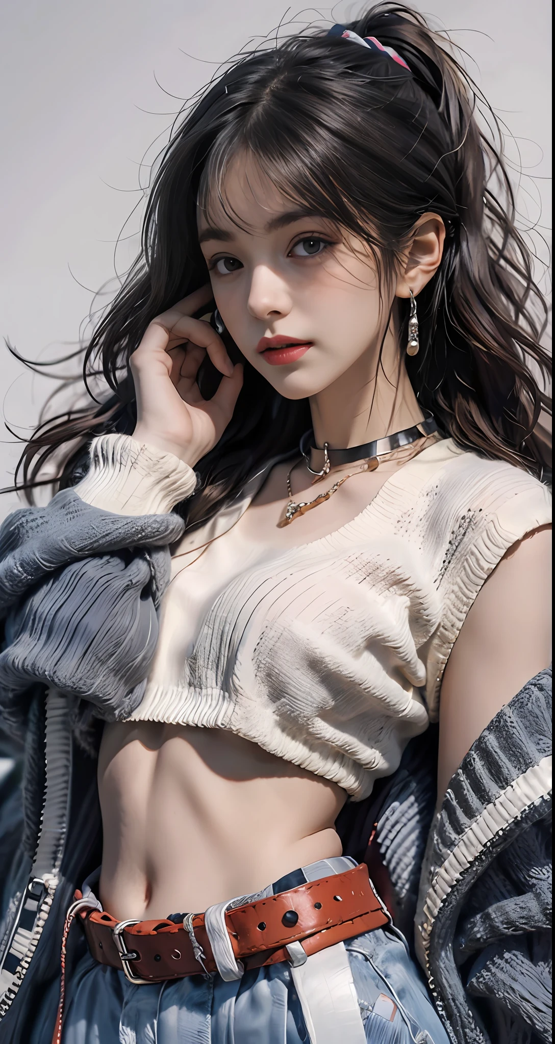Kizi, japanese streetwear, 耳Nipple Ring,choker necklace,simple backgound,A sexy pose,Trend illustration,7 points,Master masterpieces,HighestQuali,Super meticulous,