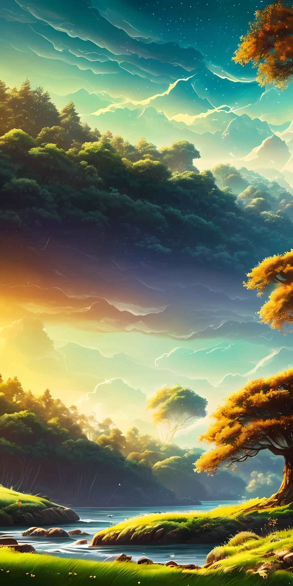 Illustration of a surreal, otherworldly, hyper sky scene including a giant crystal tree full body, highly detailed and magical lighting, intricate forest details, vegetation and surrounding river, solar punk, landscape, giant tree , beautiful green leaves, beautiful lighting and realistic proportions, as if this is a movie background, 8k, highest quality, masterpiece, clouds and stars in the sky. --auto