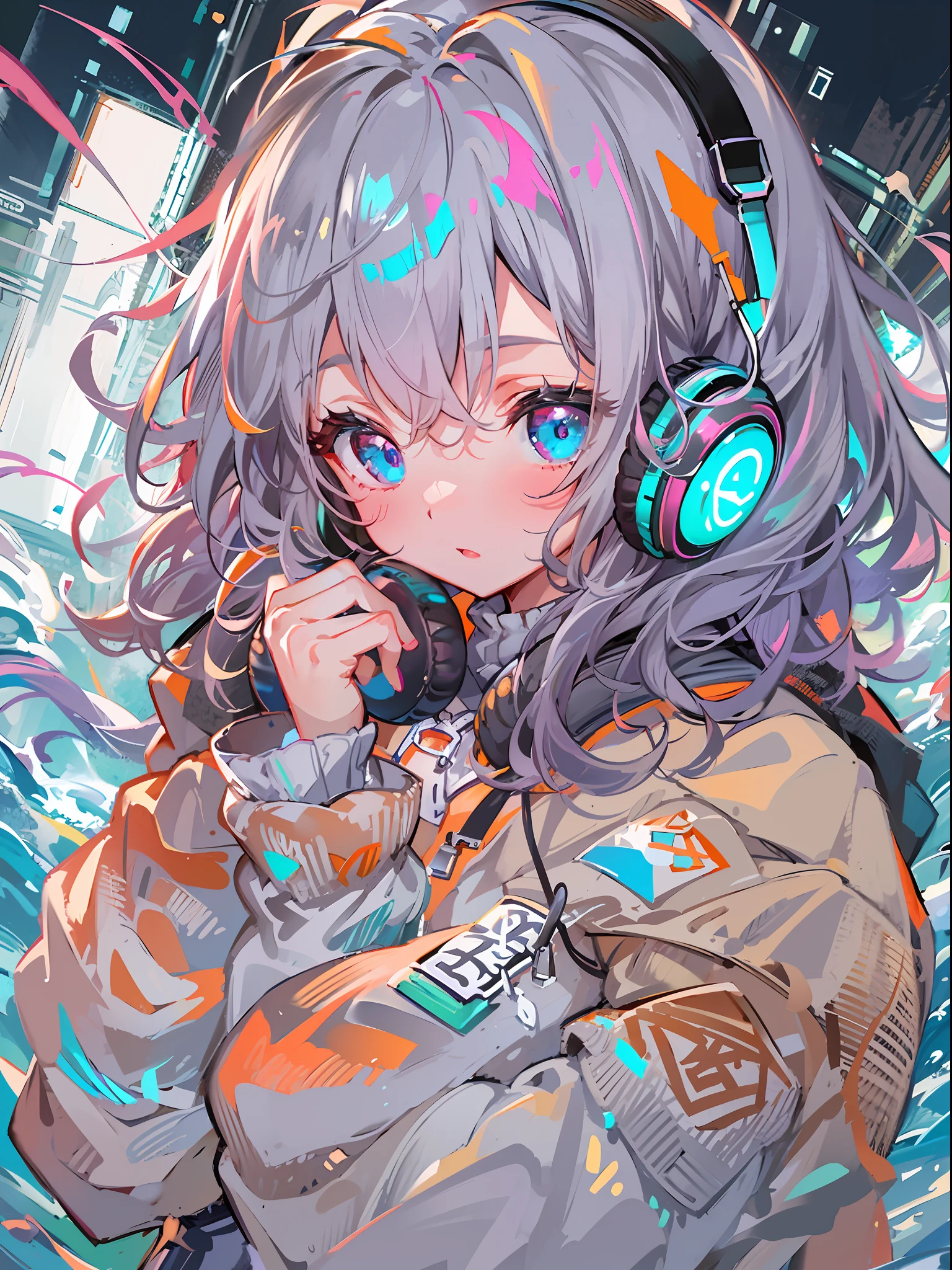 8K分辨率、((top-quality))、((masterpiece))、((ultra-detailliert))、1 woman、独奏、incredibly absurdness、Oversized hoodies、headphones、Street、plein air、Sateen、neons、Shortcut Hair、Brightly colored eyes、Hands in pockets、shortpants、water dripping