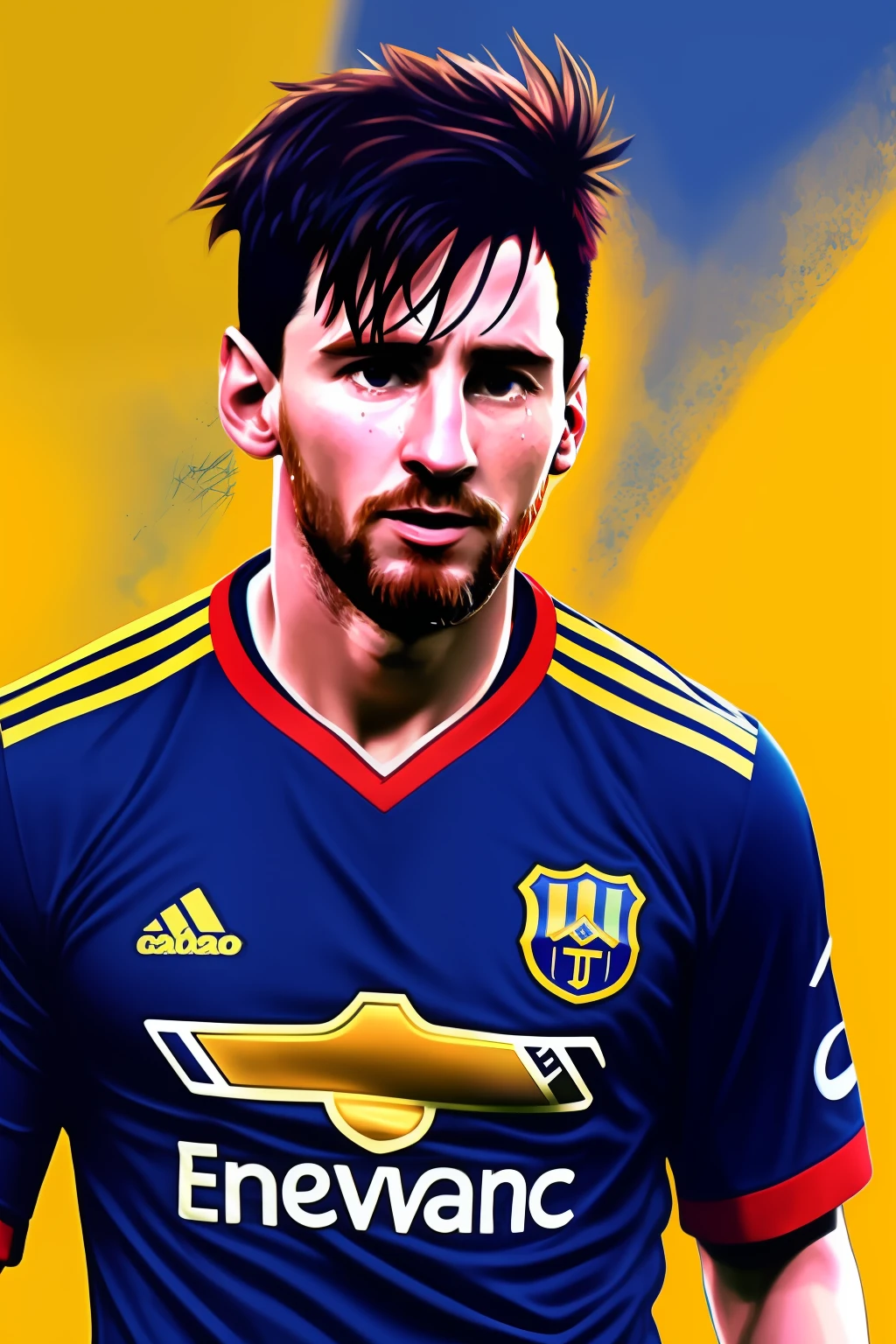 Messi con la remera del club de futbol boca juniors,Foto realista, a high definition, Realista detallado, hiper detallado, textura realista de la piel, ultrahigh resolution,bandera pintada, (Obra maestra, La mejor calidad), tears on the face,