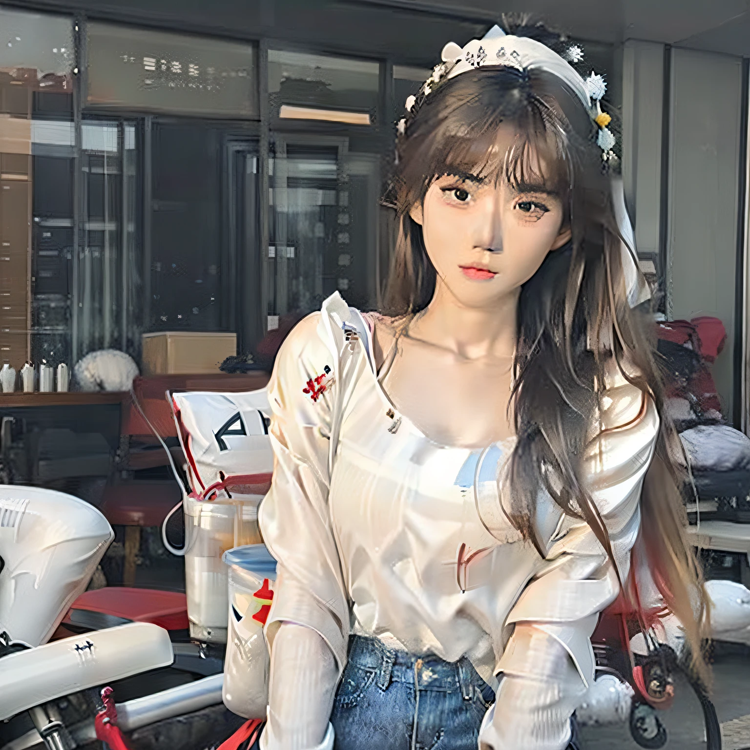 a woman with long hair wearing a white shirt and jeans, Gorgeous young Korean woman, Korean girl, beautiful Korean women, smooth white tight clothes suit, Beautiful young Korean woman, Beautiful Asian girl, pale milky white porcelain skin, Asian girl, Korean woman, beautiful smooth oval head, Clear lips and high quality, gorgeous chinese models, Asian girl with long hair