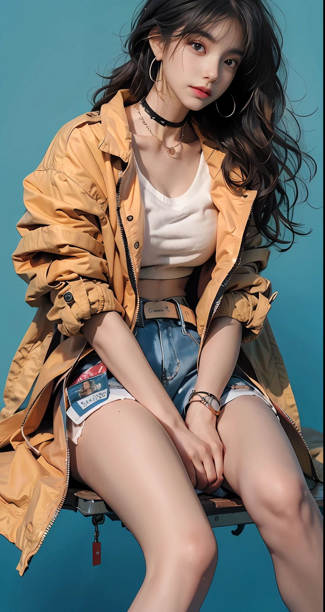 Girl in trench coat and super shorts, japanese streetwear, 耳Nipple Ring，choker necklace，Red and blue simple background, Super handsome sitting position，Trend illustration，Simple background，7 points，Master masterpieces，HighestQuali，Super meticulous，