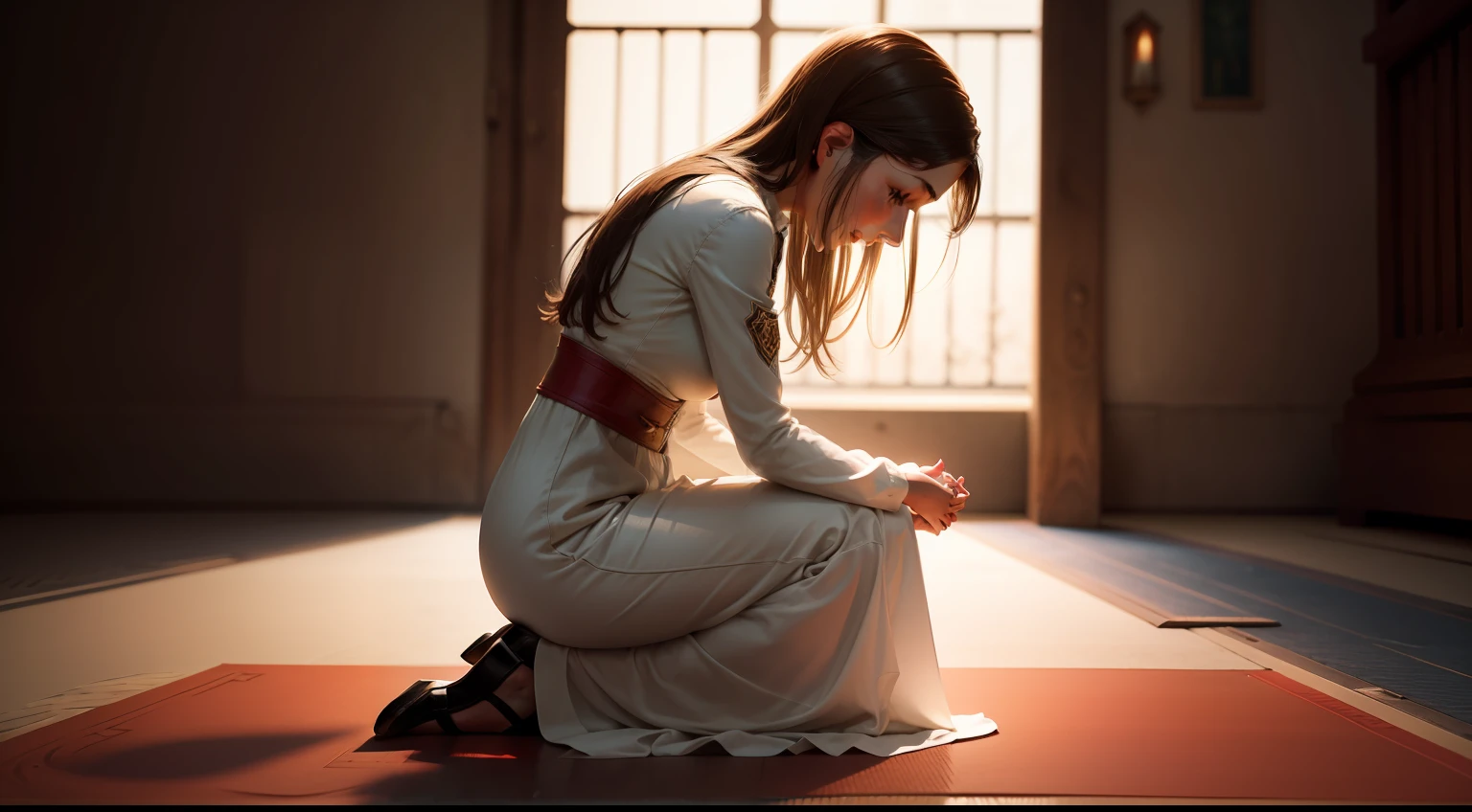 a down-to-earth woman kneels in prayer, seeking guidance