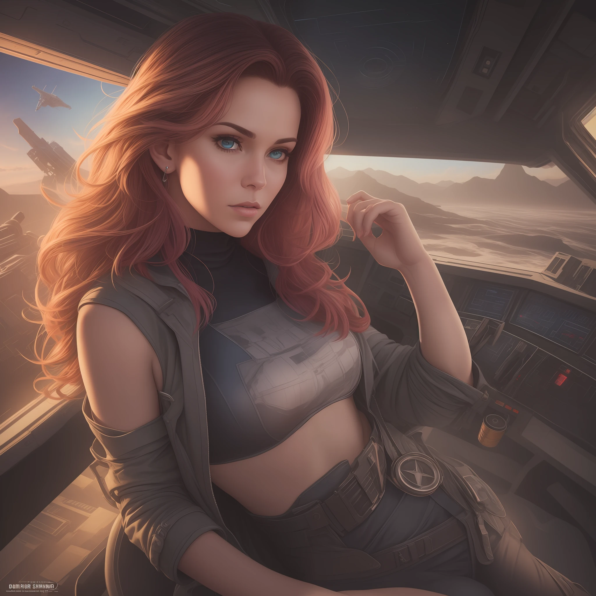 A (waist up:1.2) cinematic photorealistic color digital painting of Ellen Louise Ripley with the (80's heavy metal rock star hair style:1.2) at star ship cargo Nostromo Cimmand Bay, detailed face, insanely detailed and intricate, crisp sharp and clear, volumetric lighting, ultra-high resolution, masterpiece hyper realistic artwork of Don Lawrence, centered, Professional color grading by Kenneth Hines Jr.