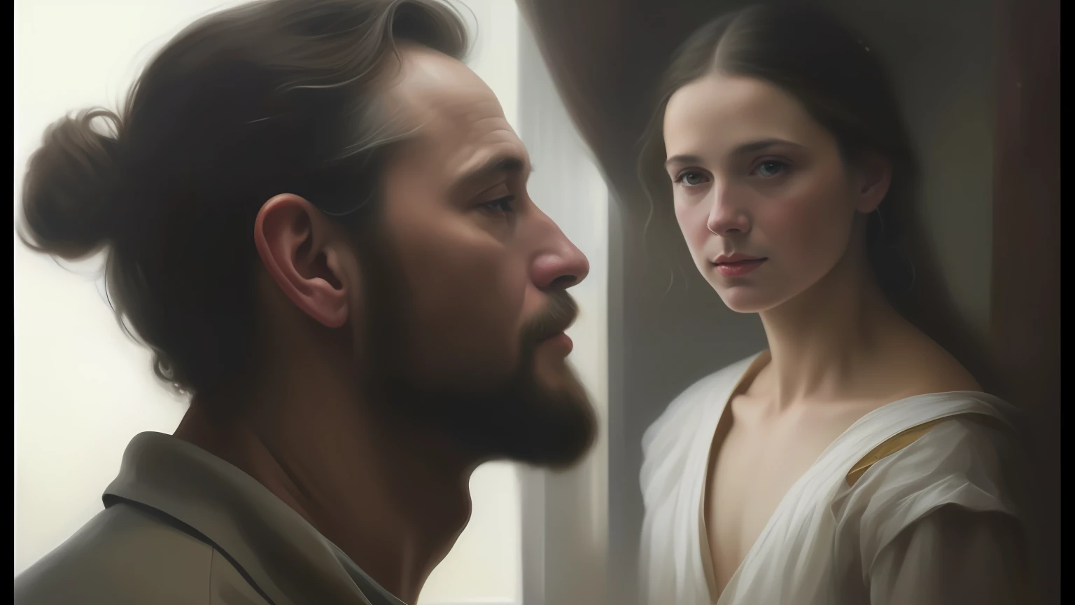 um close up de uma pintura de um homem e uma mulher, Directed by: Ludwik Konarzewski, pintura de personagem bonita, pintura detalhada 4K, Directed by: Roman Bezpalkiv, Directed by: Jakub Rozalski, oil on the canvas. cinemactic, Pintura digital 4k, Pintura digital 4K, inspirado em James Gurney, Epic portrait illustration