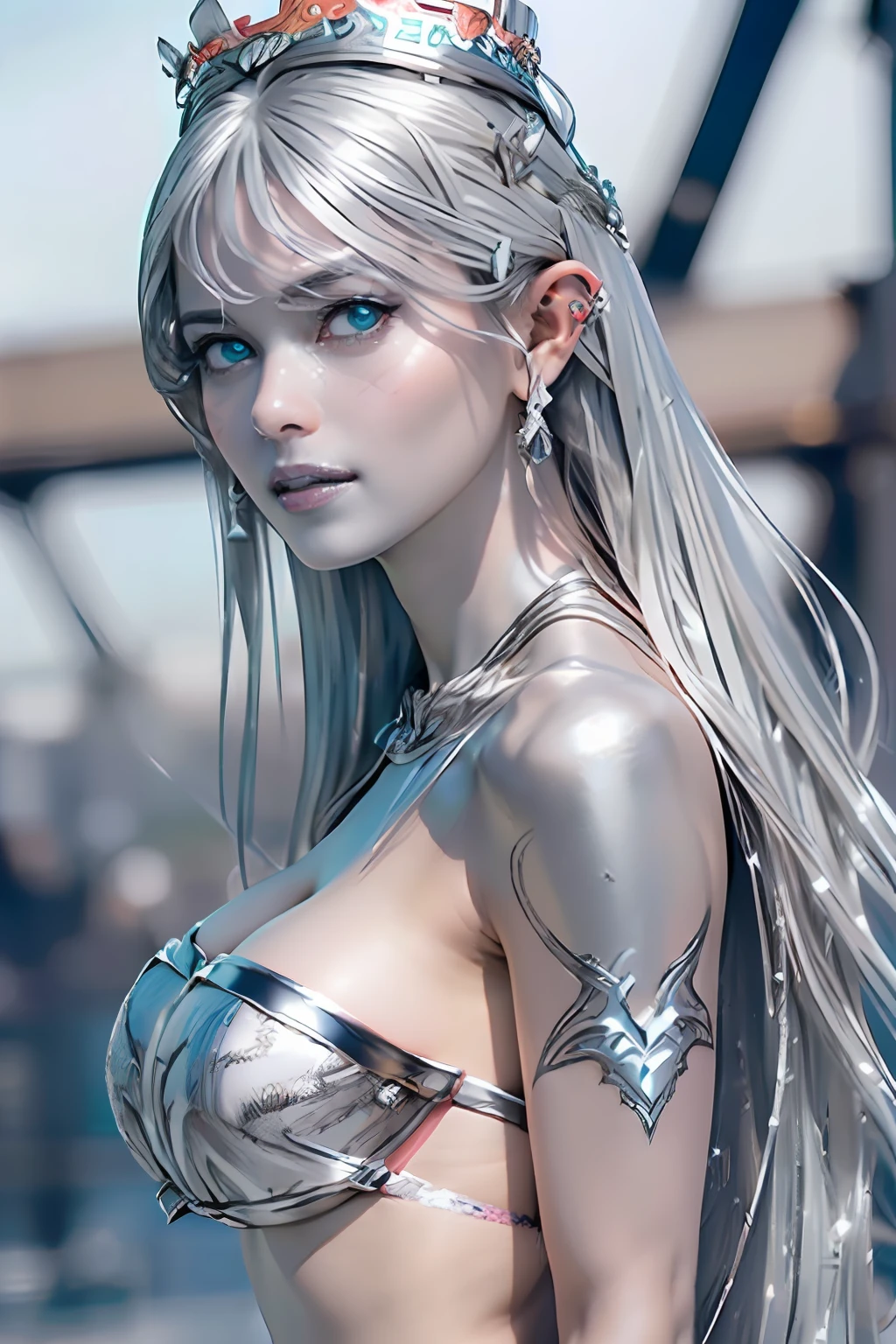 Ultra-detailed complex 3D rendering of the face, (masterpiece, top quality, octane rendering,), glamour shots full body image, very beautiful young elves, cleavage, (highly detailed skin: 1.2), (exposure: 1.1), ((blue micro bikini: 1.95)))). , 8k, (((very soft breasts)), (((conspicuous large pink areola)), beautiful Caucasian woman with white skin with full soft breasts with big buttocks, one, long braided hair, big breasts, dynamic angles, (((huge breasts: 2.4)), ultra-realistic photos, ((((((silver hair)))), futuristic urban background, facial muscles, (((((detailed and glamorous silver crown)))), In the style of Marvel Comics, ArtStation Trends, Clear Focus, Intricate Details, Very Detailed, Detailed Green Eyes, Sharp Focus, Digital Rendering, Professional, Abs, Lip Gloss, Glossy Skin, Sexy Pose, Golden Tattoo All Over Body, Silver Pattern All Over Body, Silver Lame Skin, Gold Glitter Skin, Mansuji, Buttocks, Jeweled All Over the Body, with silver scales, silver hair,