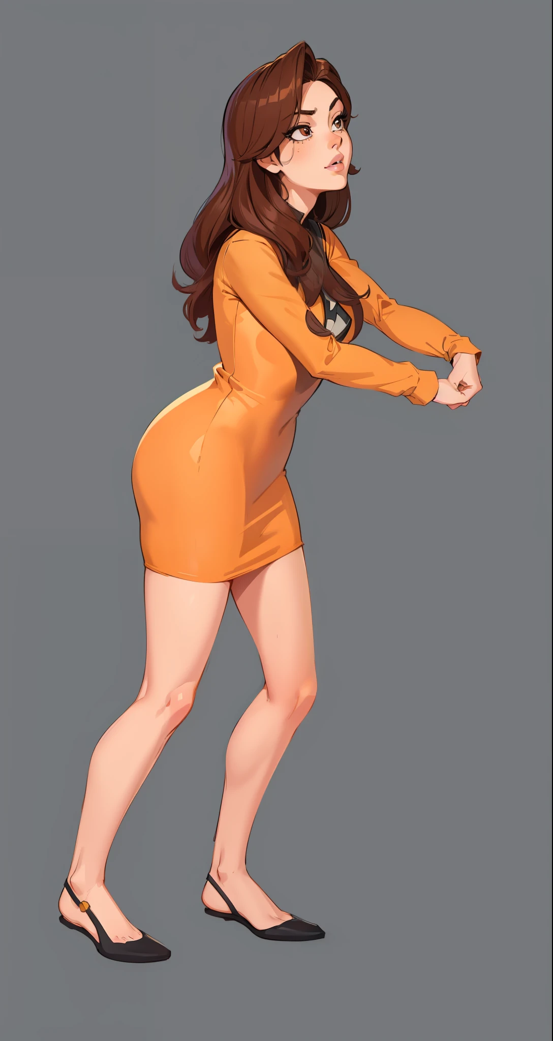 Close-up of cartoon woman in short skirt, character is in her natural pose, tracer in a skintight dress, character posing, back stance, standing elegant pose, render of april, Casual pose, she has long orange brown hair,Arcane style，European and American cartoon style.A cartoon illustration，2D illustration，2 d illustration，Rob Rey and Kenta Miura style，Highly detailed character design，Cartoon Art Style，2d matte illustration，in the style of sachin teng，2.5D illustration，Great character design，Cartoon style illustration，Detailed 2D illustration，Cartoon Art Style