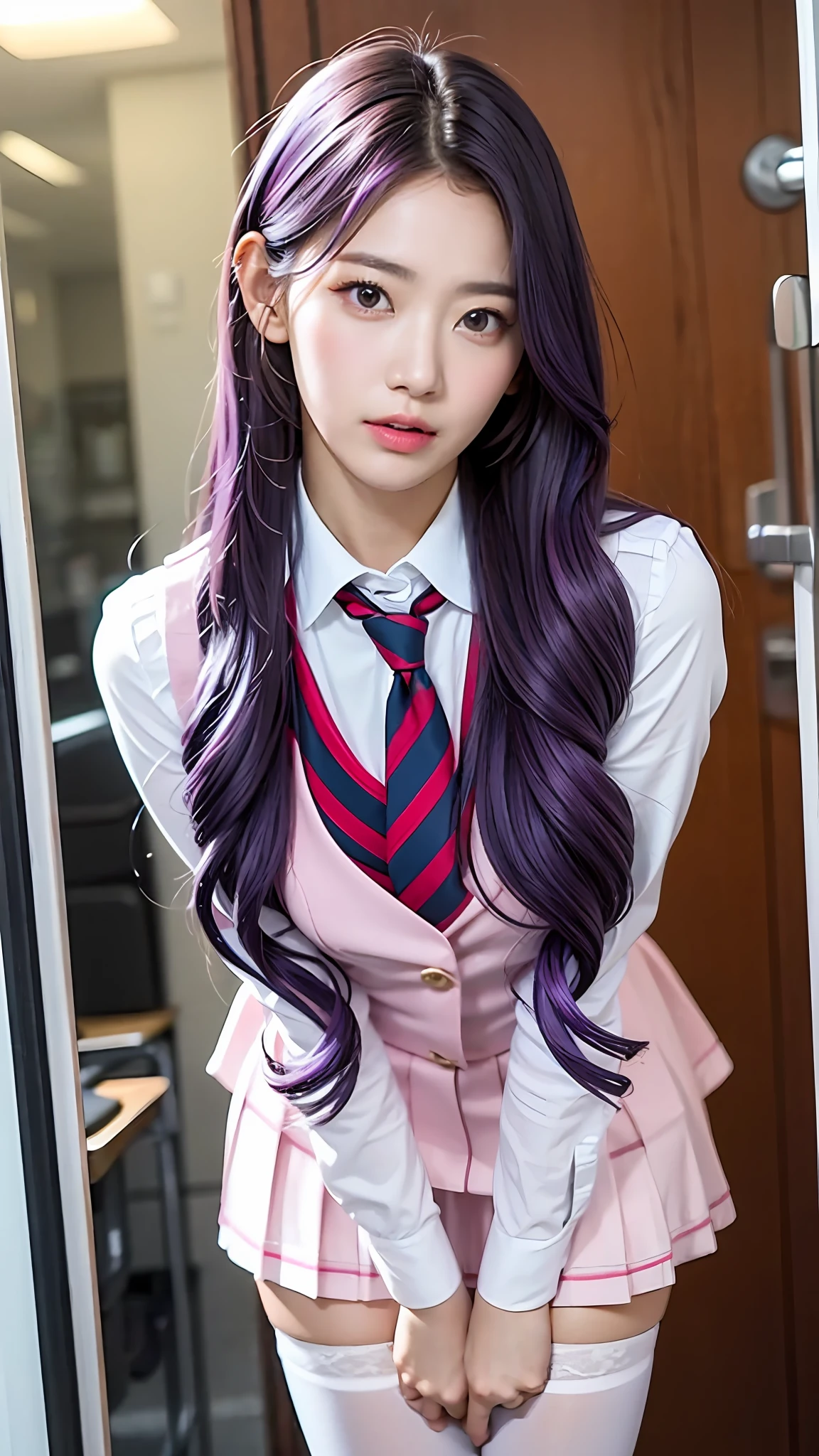 （best qualtiy，4K，tmasterpiece：1.2），Pretty women，1girll，Raised sexy：1.1，Purple colored hair：1.1，Woman in school uniform，Soaked school clothes，Super detailed face，Detailed lips，A detailed eye，二重まぶた，Pink mini skirt white stockings，Stand up