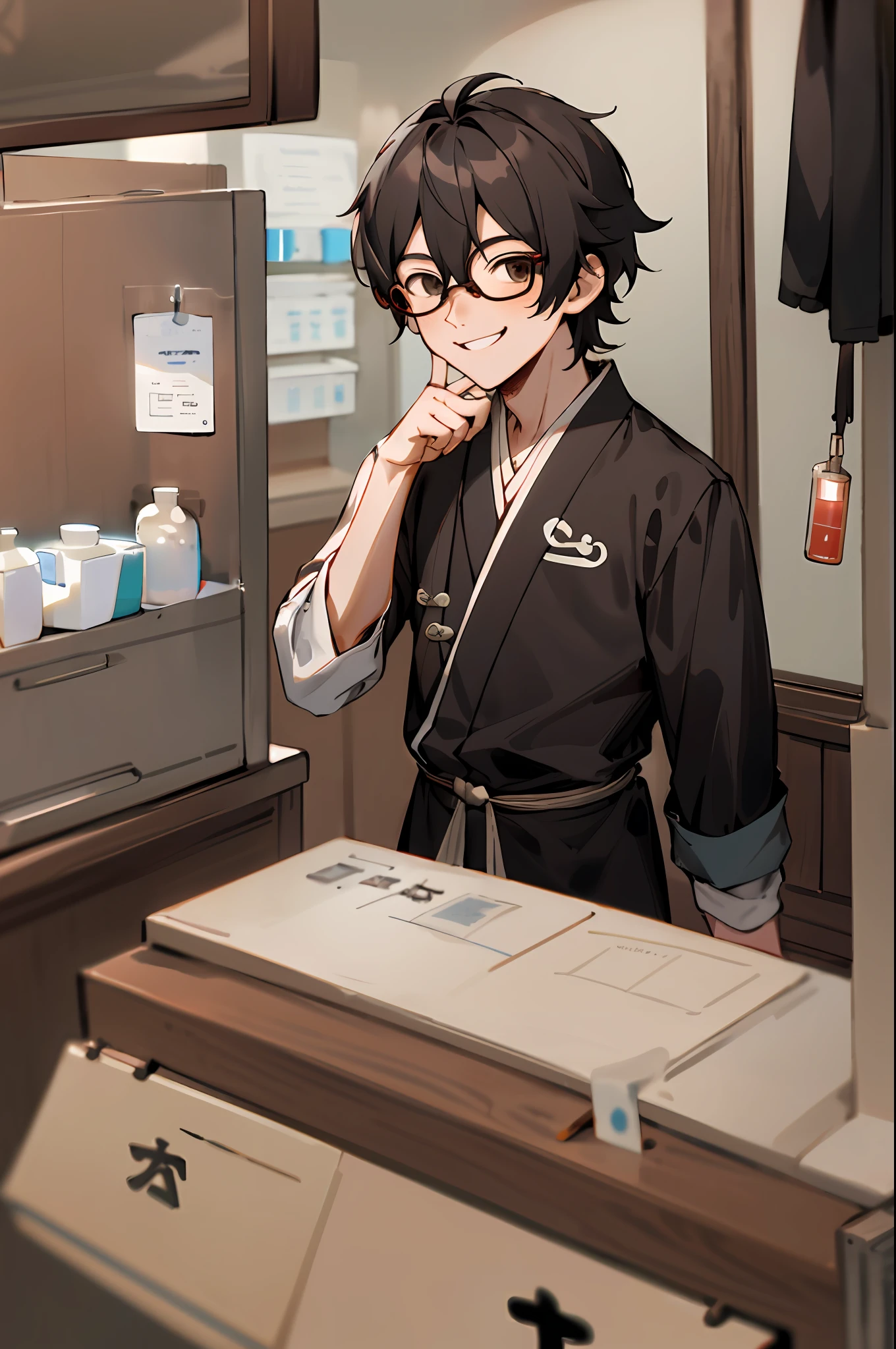 30 years old black short hair glasses Chinese male pharmacist smiling in front of camera in western pharmacy Disney style HD picture