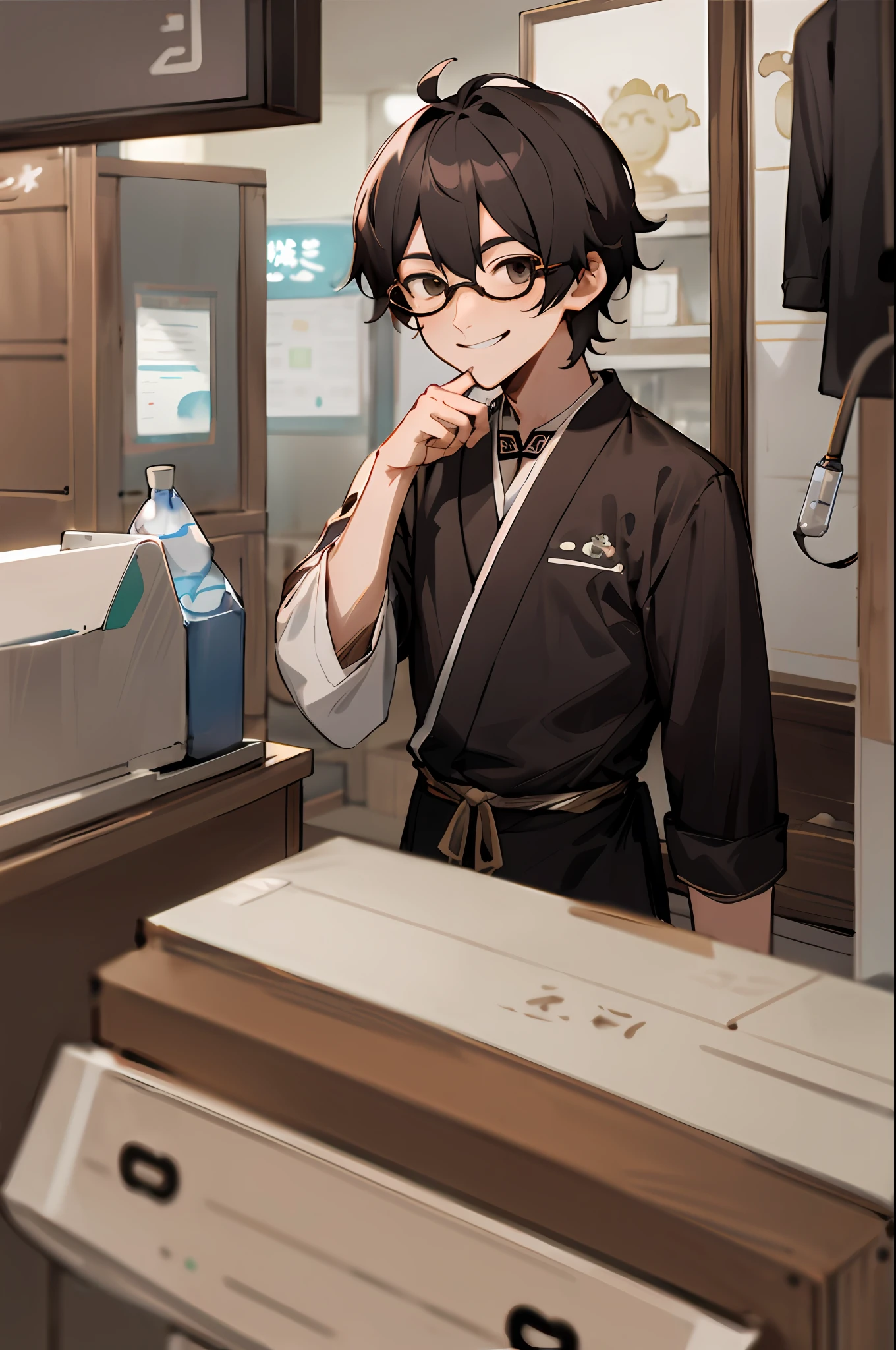30 years old black short hair glasses Chinese male pharmacist smiling in front of camera in western pharmacy Disney style HD picture