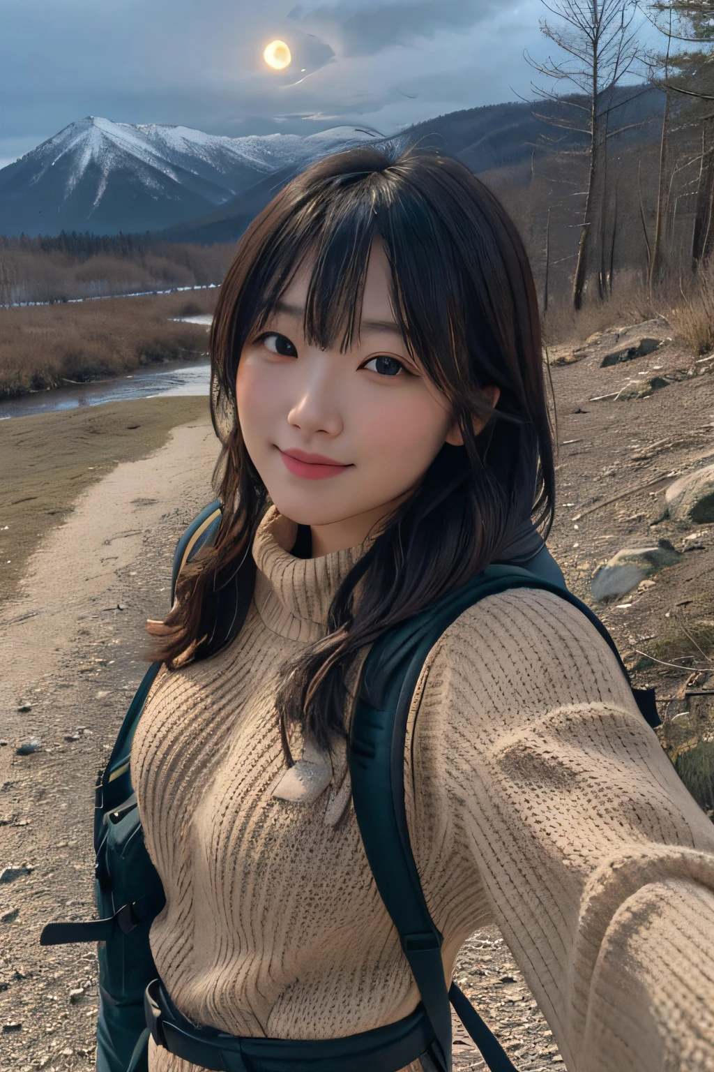 VeronicaCipher ((Upper body selfie、happiness)), masterpiece, top-quality, ultra-detailliert, 独奏, plein air, (natta), mont, naturey, (stele, a moon) jolly, happiness, rucksack, sleeping bag, Camping stove, water bottle, Mountain boots, gloves, Sweaters, flashlight, the woods, boulders, a river, lumber, fumo, shadowy, Contrasty, A clear sky, analog style (Look at the viewer:1.2) (Skin texture) (film grains:1.3), (Warm shades, Warm tones) :1.2), a closeup、ciinematic light、side lights、超A high resolution、Best Shadow、RAW、The upper part of the body、、Wear a pullover Kodak Vision 3、