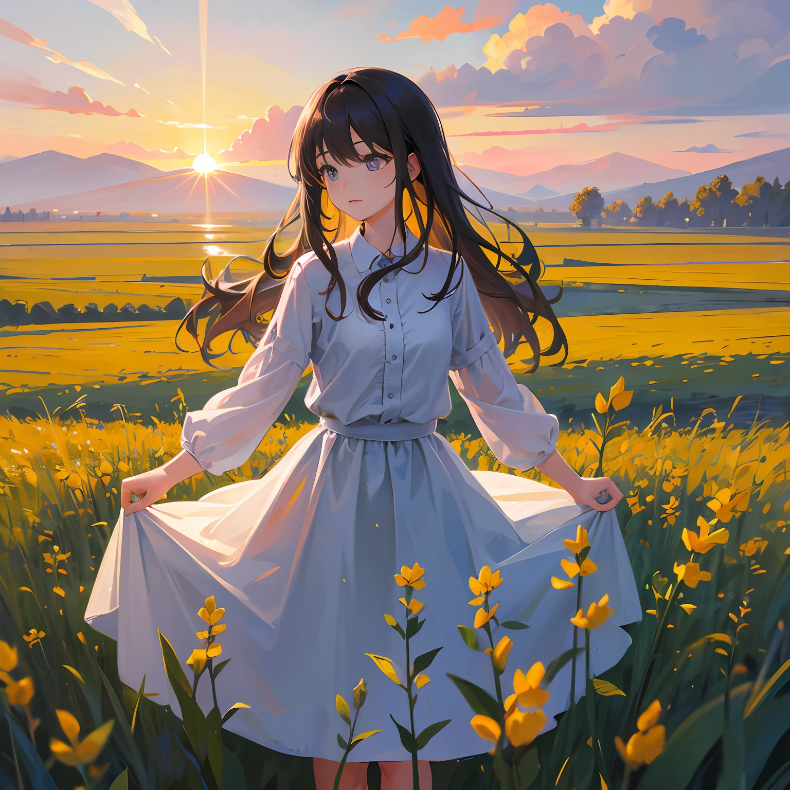 girl standing in field, closeup, portrait, clouds, sunrise