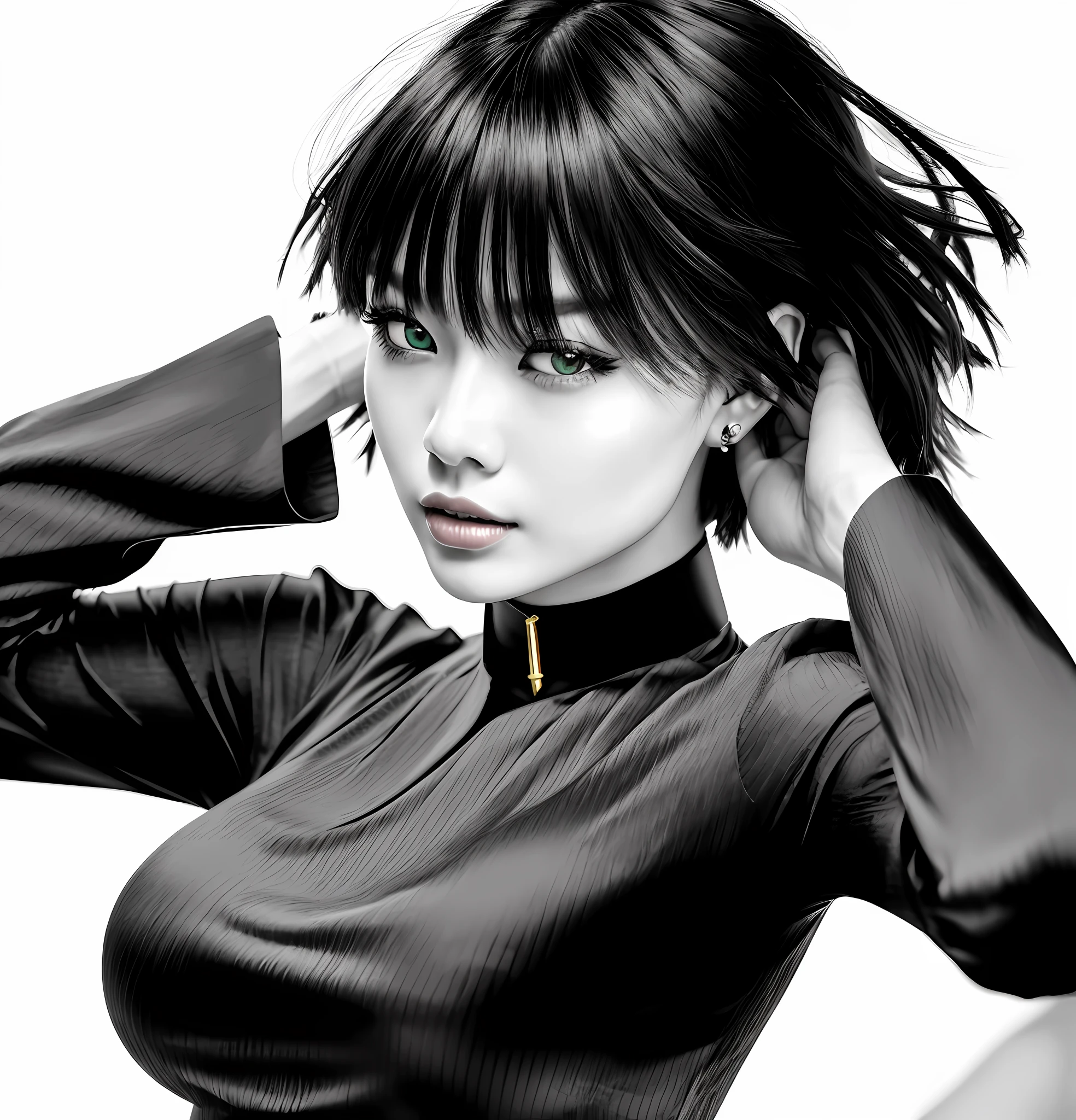 Masterpiece, colored image, beautiful, gorgeous white woman, woman in her twenty three years old, stunning asian green eyes, hottest woman i've ever seen, wearing a dark green dress with a neck protection, pretty lips, she has a black asian bob haircut, her dress cover all his body, medium short black hair (her hair seems like thick strips or ribbons), medium breasts, wearing a golden collar with pearls over the dress (choker), she is running her hands through the back of her hair, 4K, 8K, ultra resolution, higly detailed face, a gala party in the background, daylight, hair moving, beauty nose