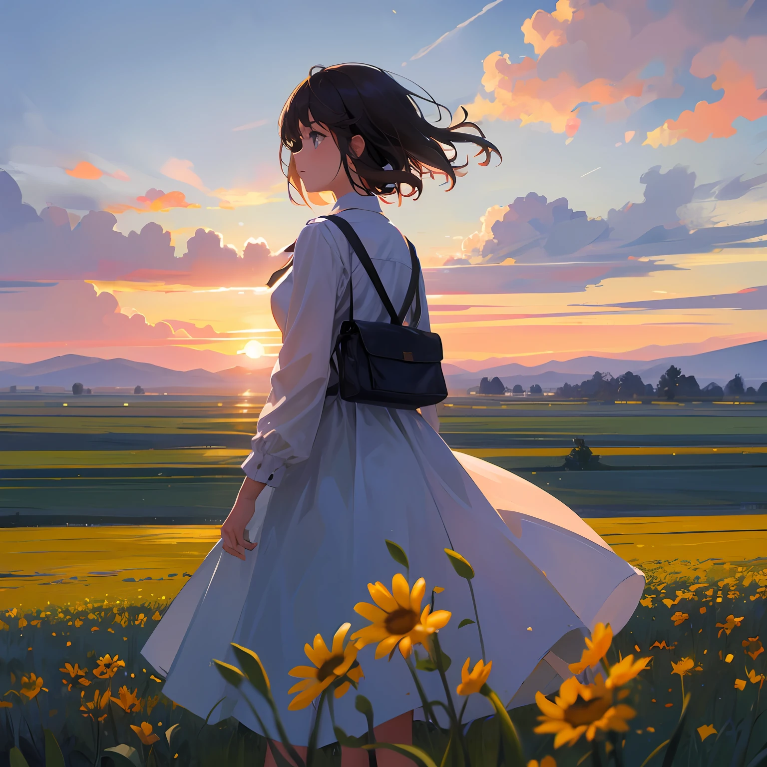 girl standing in field, closeup, portrait, clouds, sunrise