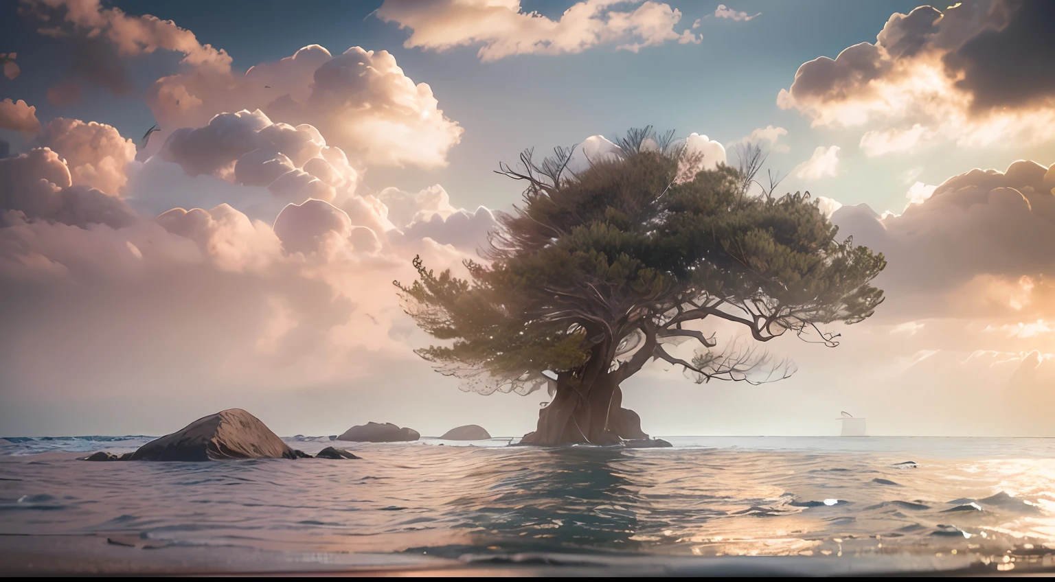 (Immersive lenses:1.4),(super wide shot:1.3),the ocean,Small island,The tree,(the setting sun),(surrounded by cloud),(Photorealistic:1.4), (Masterpiece, side-lighting,), Photorealsitic, Solo, embarressed, (midriff),(super-fine),Detailed pubic hair,Accurate,(Works of masters),(best qualtiy),8K分辨率