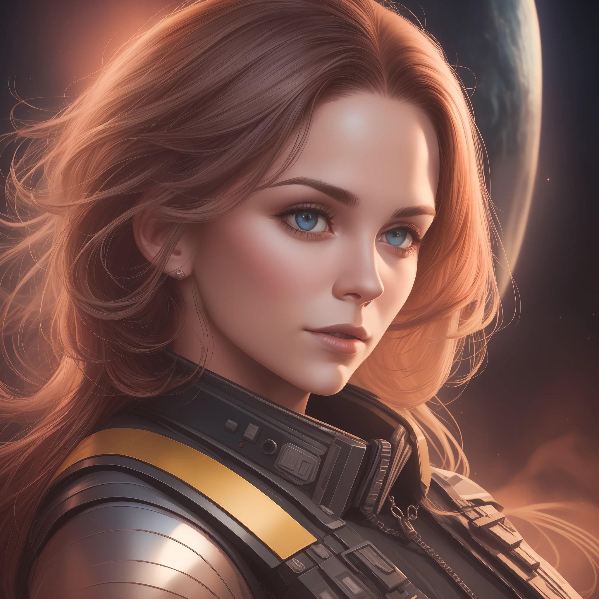 A (waist up:1.2) cinematic photorealistic color digital painting of Ellen Louise Ripley with the (80's heavy metal rock star hair style:1.2) at star ship cargo Nostromo Cimmand Bay, detailed face, insanely detailed and intricate, crisp sharp and clear, volumetric lighting, ultra-high resolution, masterpiece hyper realistic artwork of Don Lawrence, centered, Professional color grading by Kenneth Hines Jr.