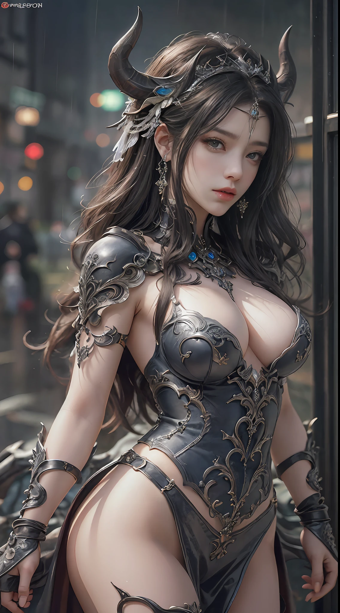 a woman in a devil dress, realistic Art Station, hard raining scene, Detailed Fantasy Art, Stunning Character Art, beautiful Exquisite Character Art, Beautiful devil Armor, Extremely Detailed, devil armor Girl, Exquisite Intricate Headdress and Jewelry, whole body capture,