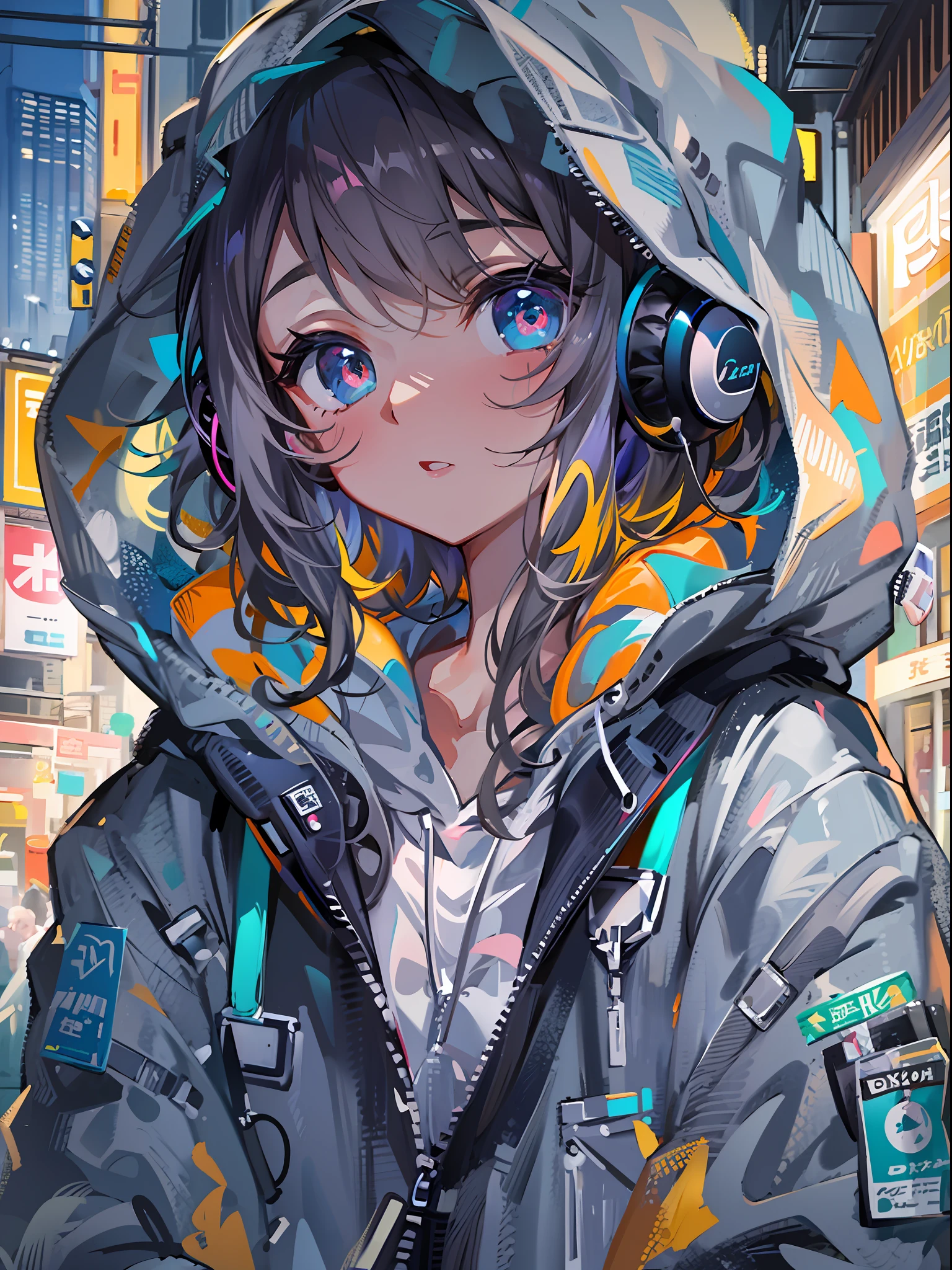 8K分辨率、((top-quality))、((masterpiece))、((ultra-detailliert))、1 woman、独奏、incredibly absurdness、Oversized hoodies、headphones、Street、plein air、Sateen、neons、Shortcut Hair、Brightly colored eyes、Hands in pockets、shortpants、water dripping