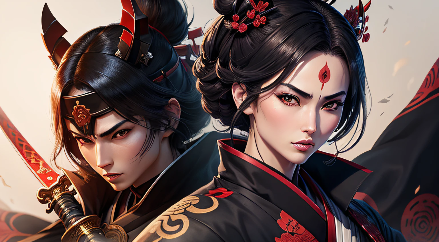 Animation of a geisha Samurai Warriors 4 wearing a black kimono with a samurai holding a sword rich in ninja detail facing a dragon rich in highly defined details --auto