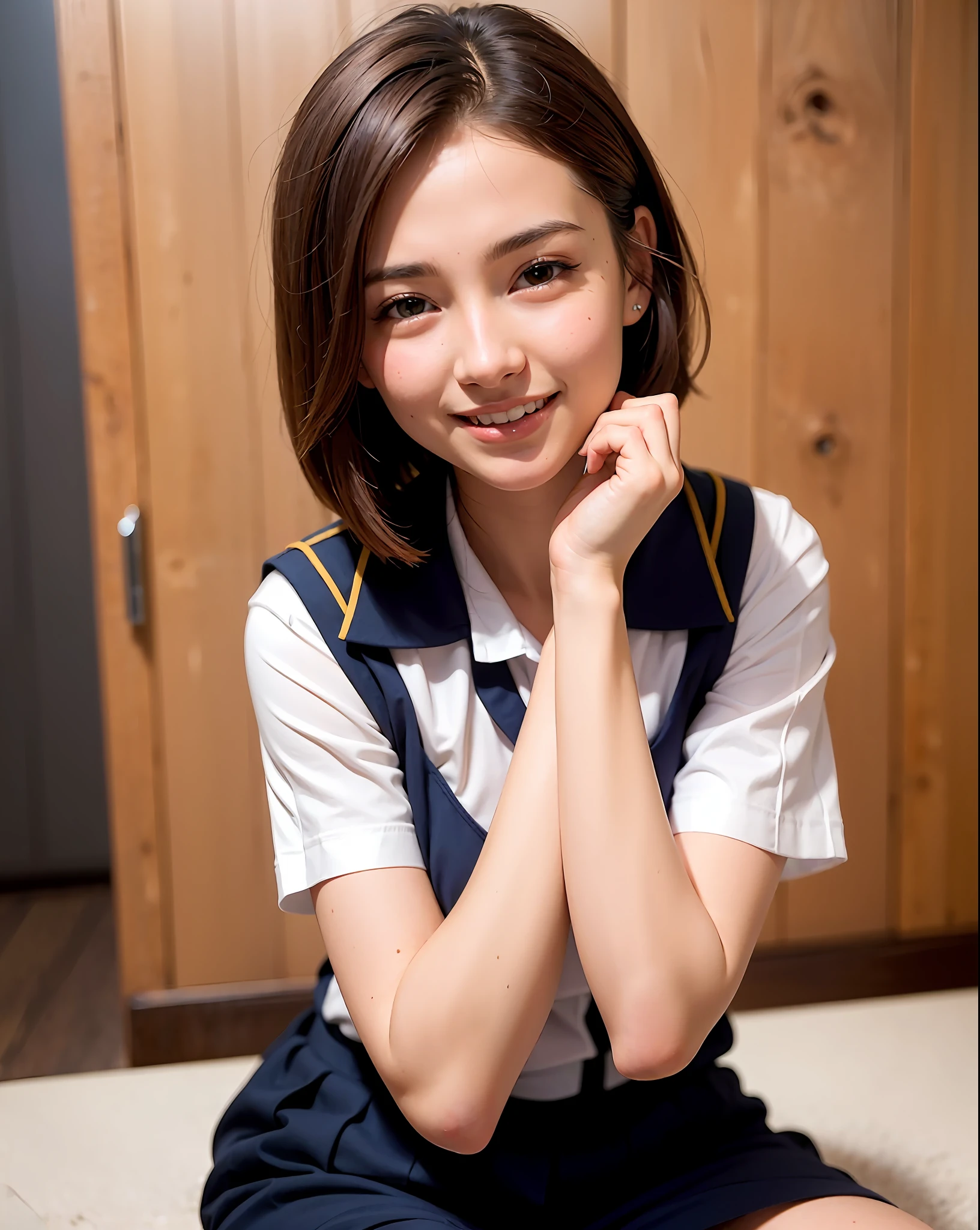 best quality, face focus, soft light, (depth of field) ,ultra high res, (photorealistic:1.4), RAW photo, upper thigh ,
1girl, solo, cute, shy, (smile:1.2), (brown eyes,catch light), detailed beautiful skin, (dark_hair, short_hair ), (navy school uniform :1.4)