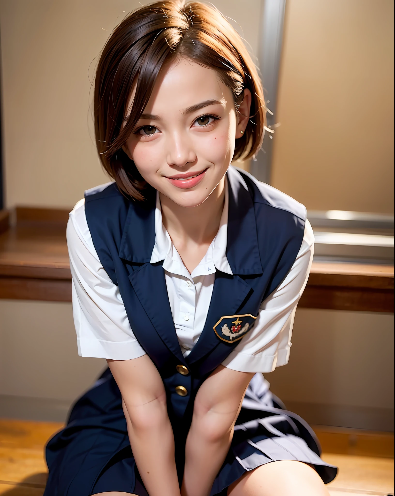 best quality, face focus, soft light, (depth of field) ,ultra high res, (photorealistic:1.4), RAW photo, upper thigh ,
1girl, solo, cute, shy, (smile:1.2), (brown eyes,catch light), detailed beautiful skin, (dark_hair, short_hair ), (navy school uniform :1.4)