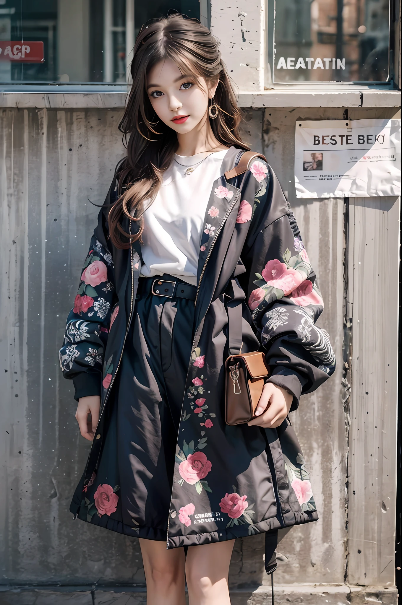 tmasterpiece，Best quality at best，offcial art，8k wallpaper，The is very detailed，Trend illustration，1girll，fashionable attire，By the wall
