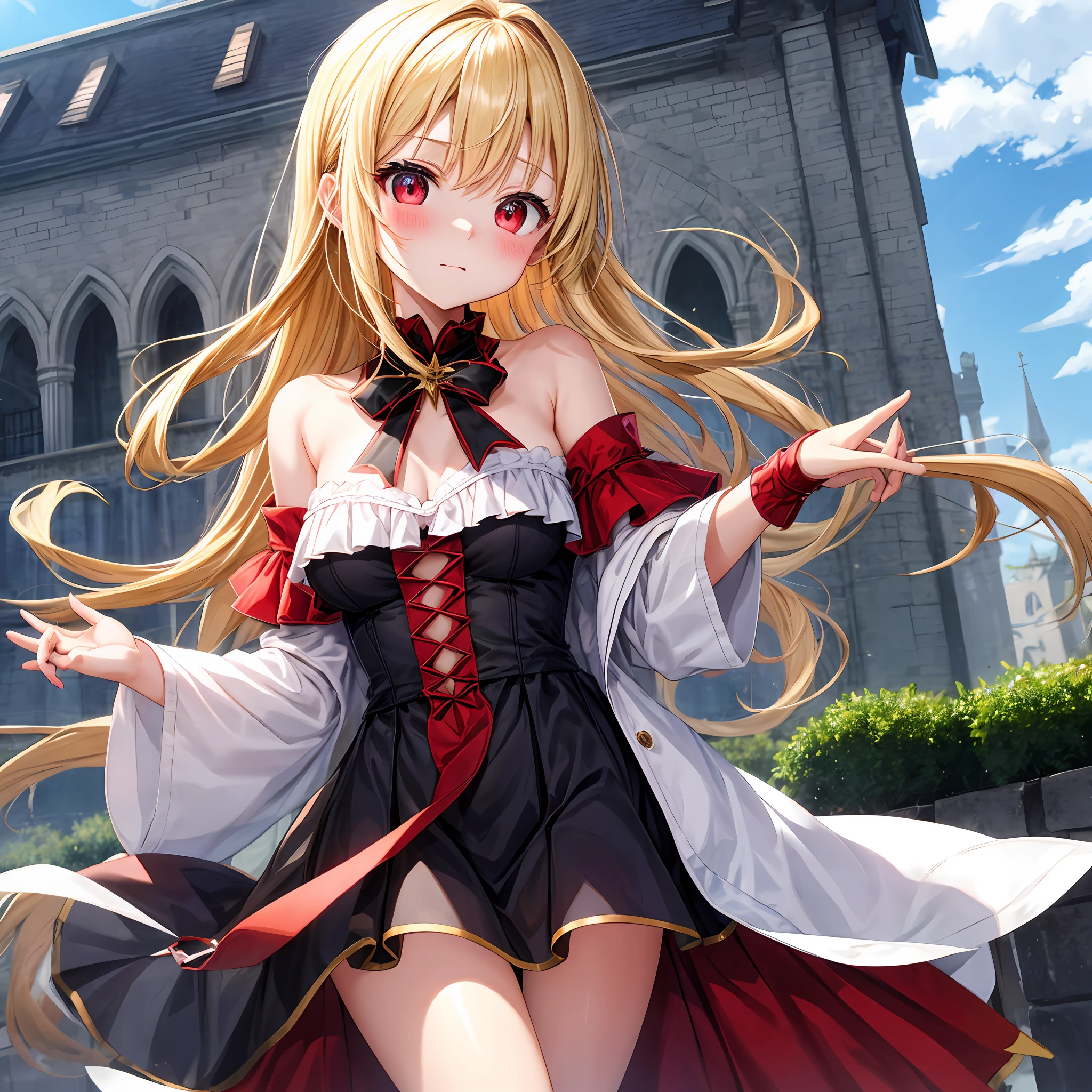 a blond、red eyes、One girl、kawaii、animesque、Black dress、off shoulders、red blush、Western castles