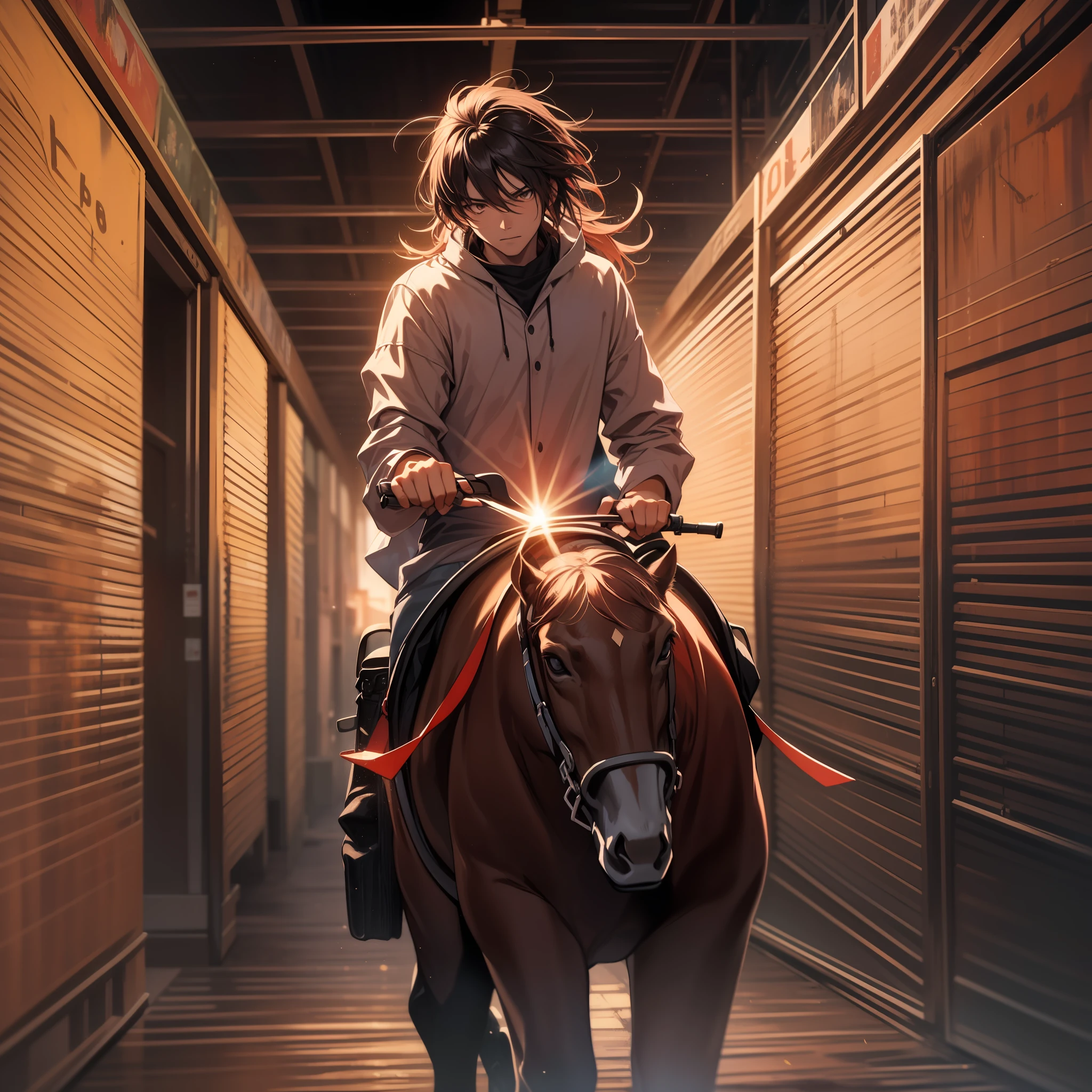 Red, dark red, light red, oil painting of a lone cowboy riding in the distance with the sun setting behind him,